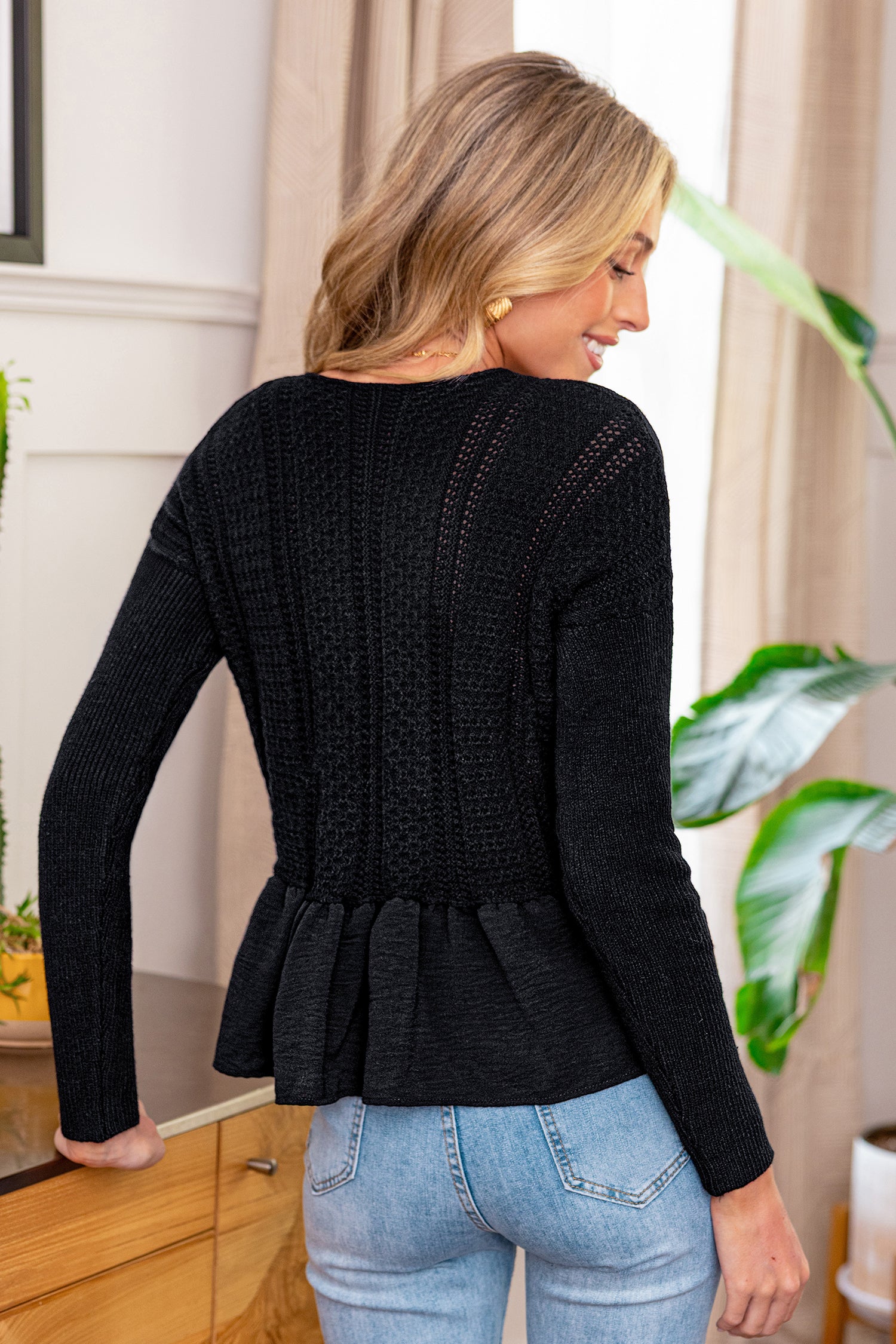 Black Ruffled Sweater Top