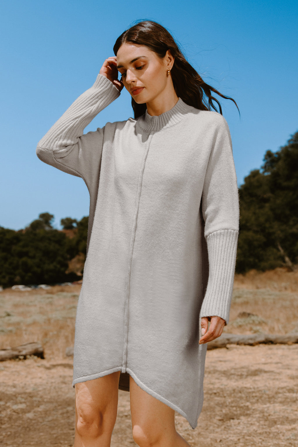 Khaki Mockneck Long Sleeve Mini Sweater Dress