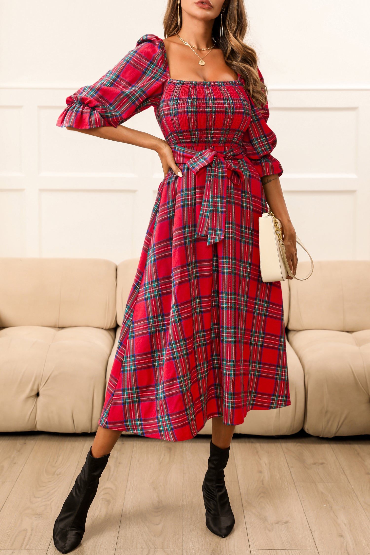Red Belted Plaid Ruched Dress
