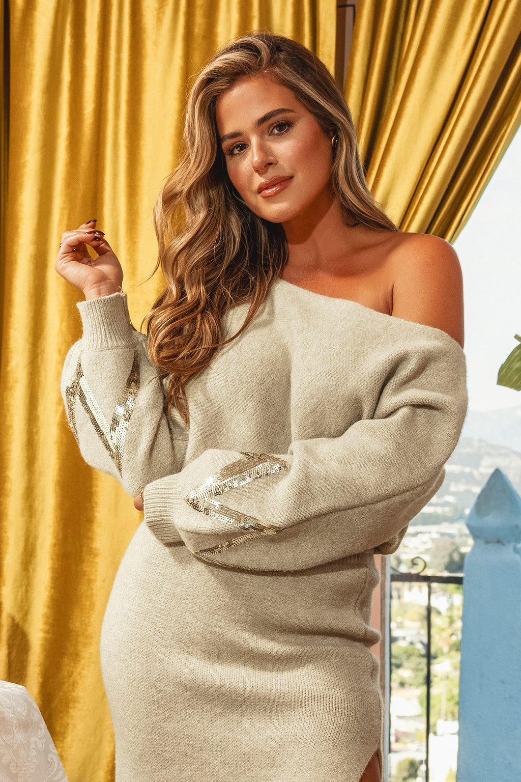 x JoJo Gold Sequin Off-Shoulder Sweater