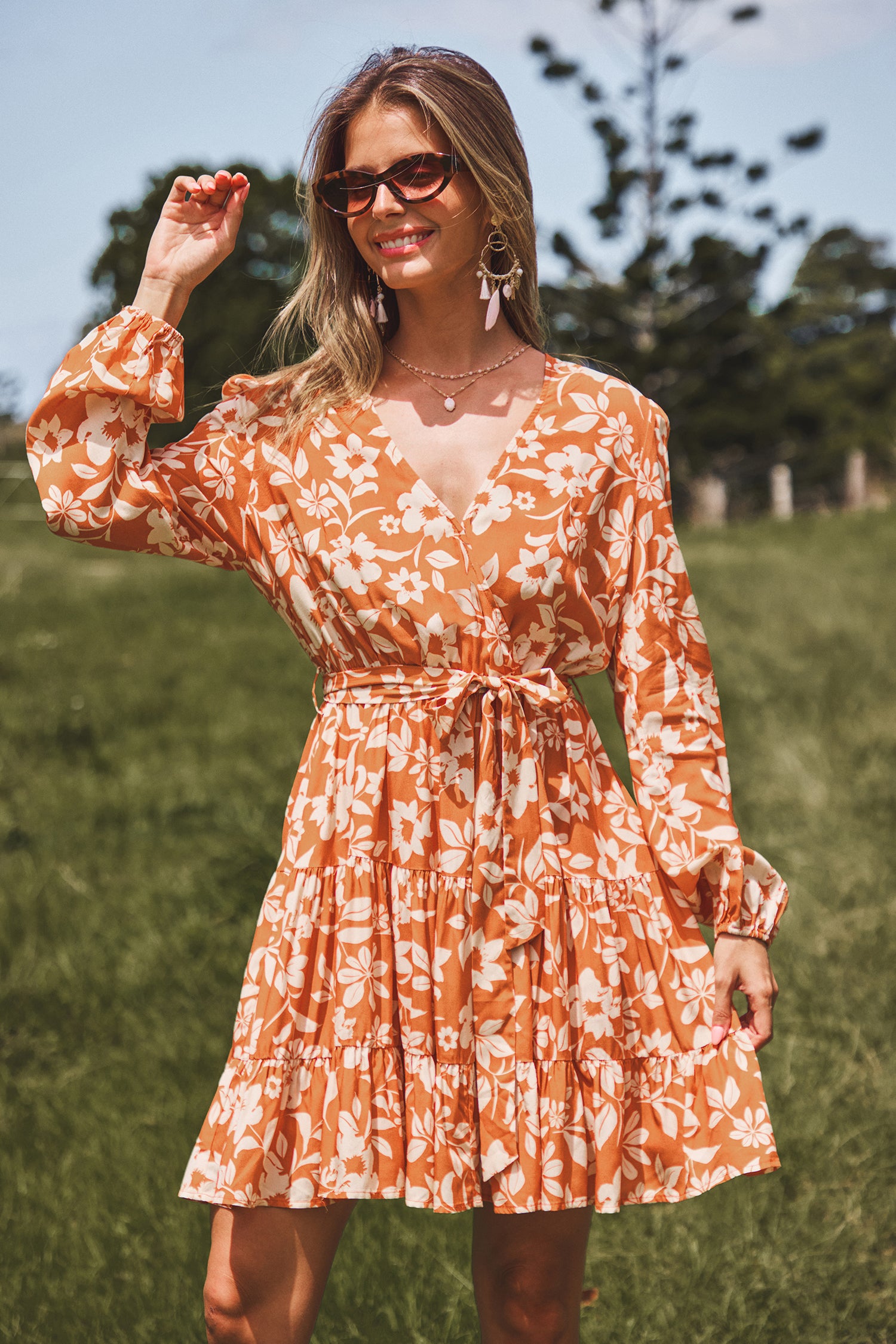 Burnt Orange Blouson Sleeve Mini Dress