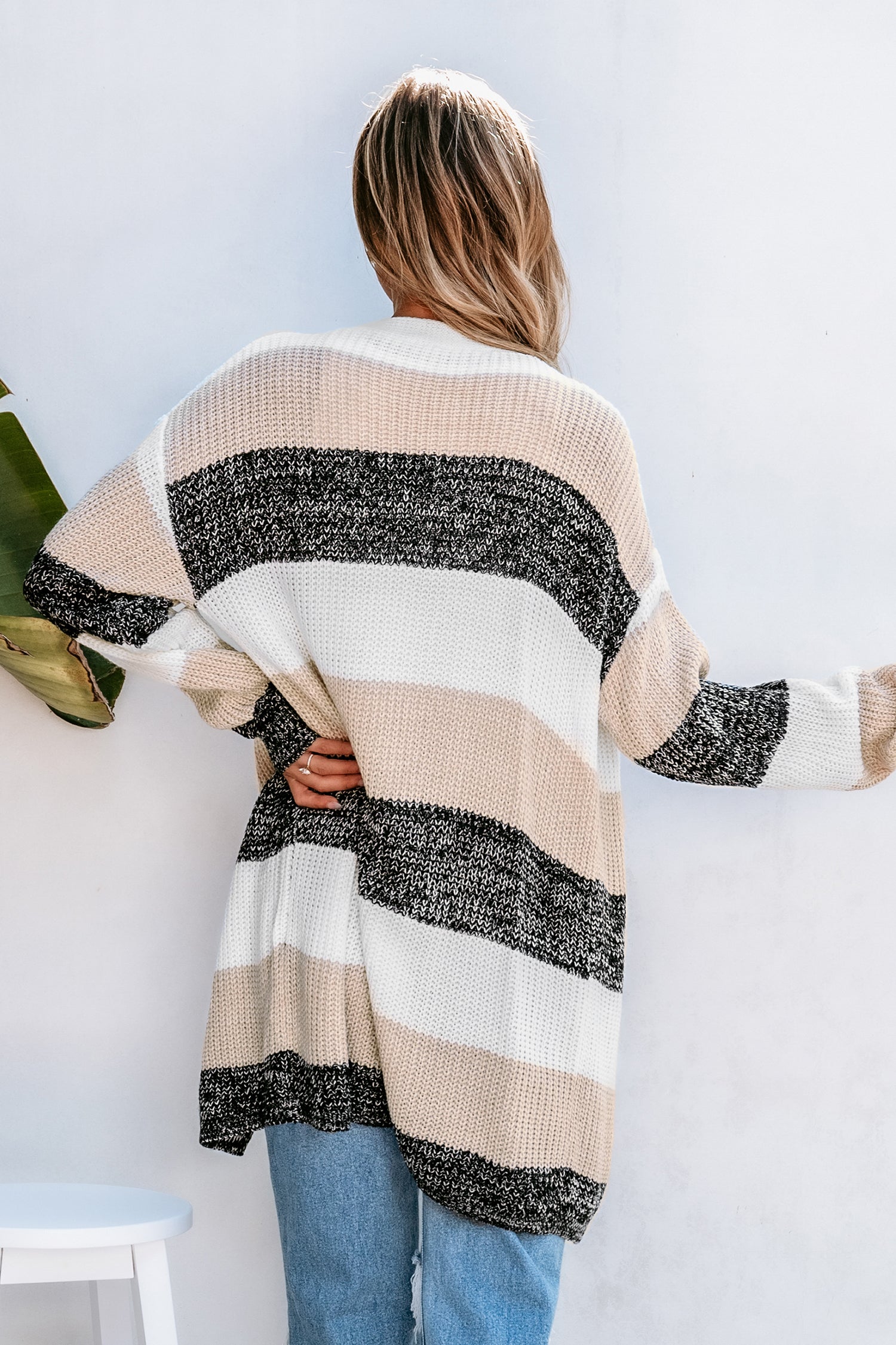 Striped Open Front Long Sleeve Duster Cardigan