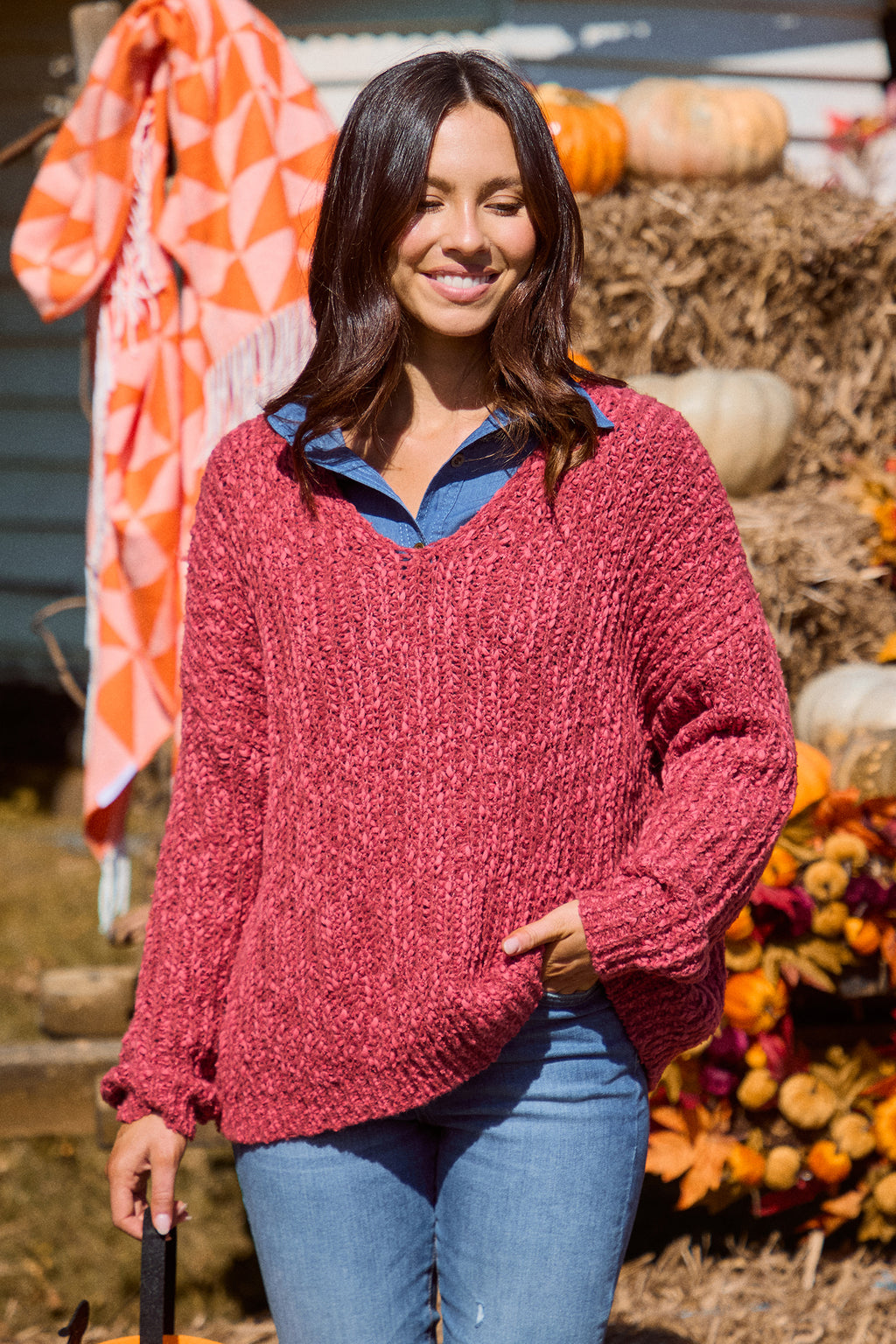 Burgundy V-Neck Puff Sleeve Sweater