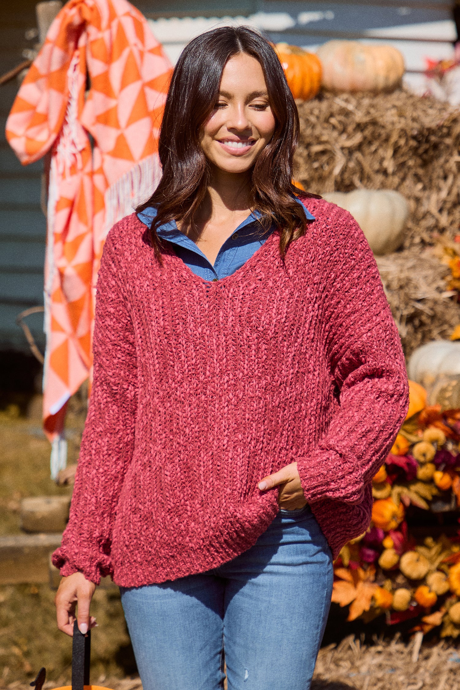Burgundy V-Neck Puff Sleeve Sweater
