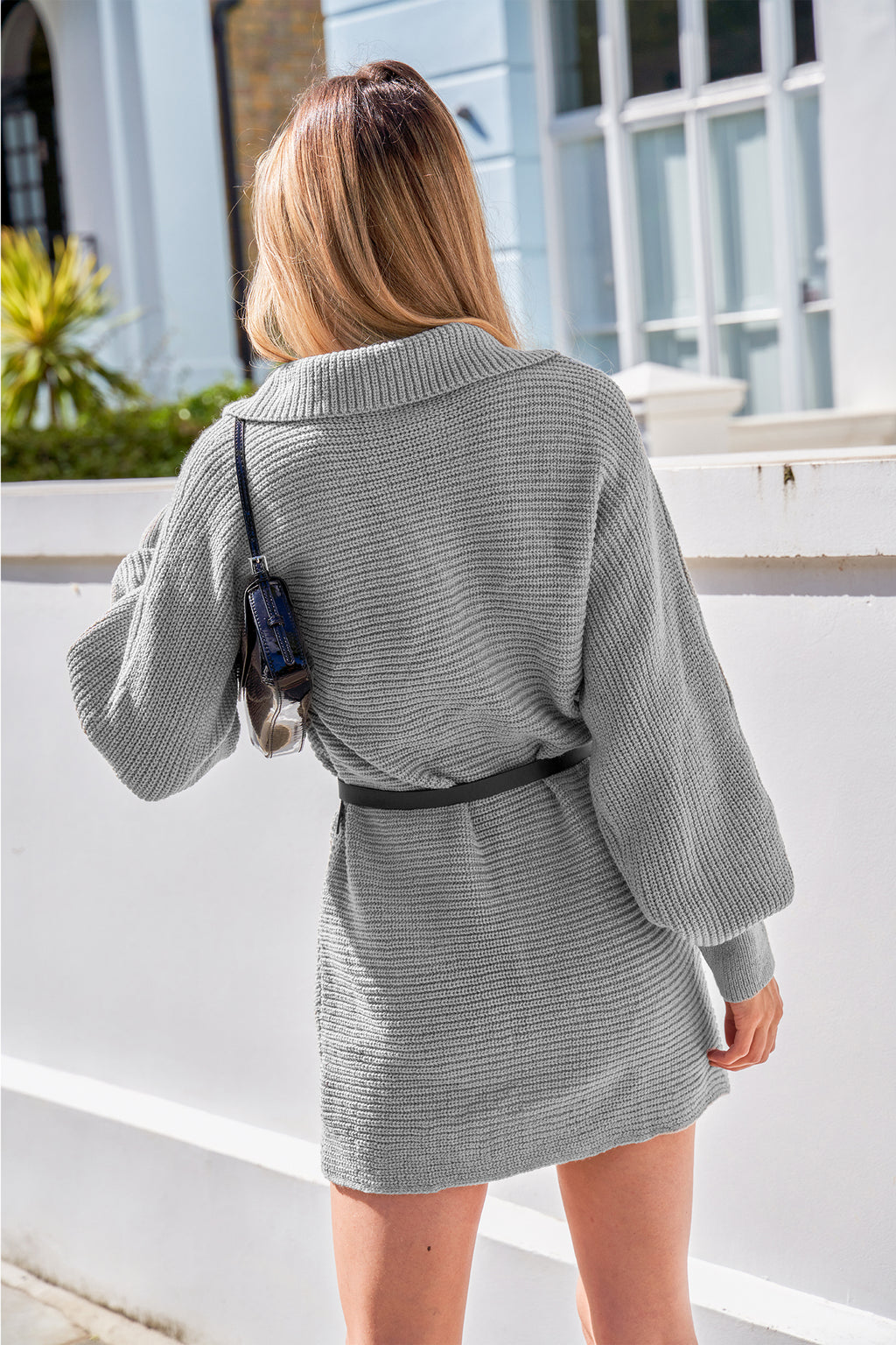 Grey Collared Dolman Sleeve Mini Sweater Dress