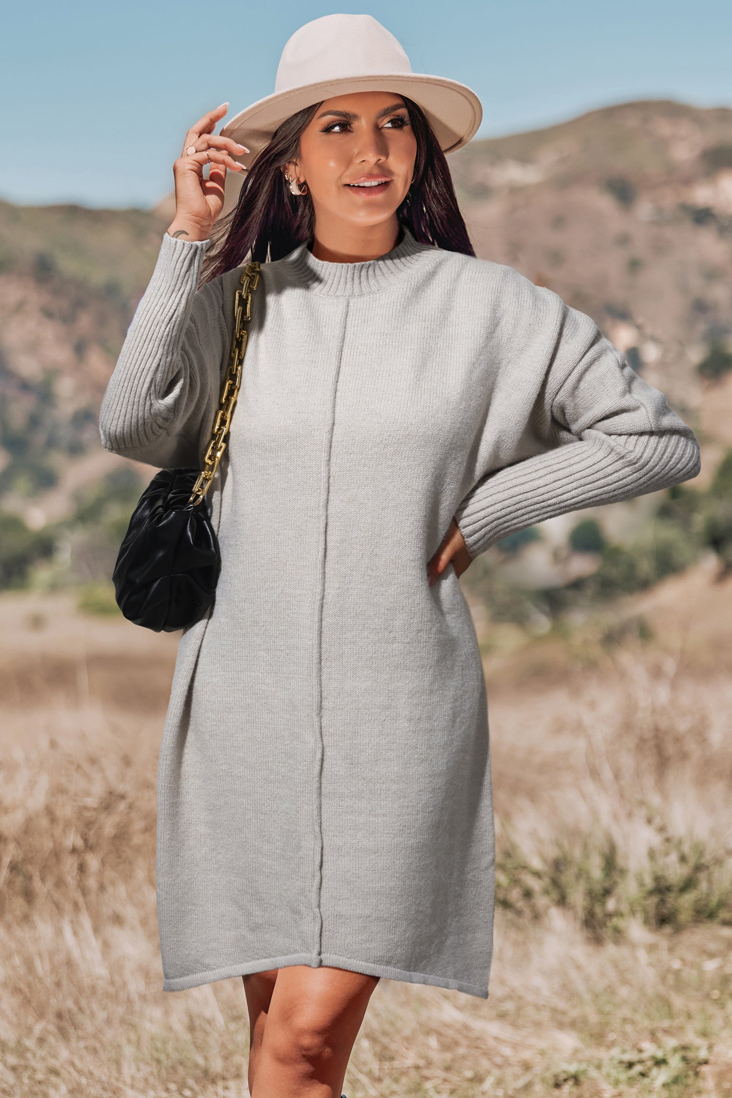 Khaki Mockneck Long Sleeve Mini Sweater Dress