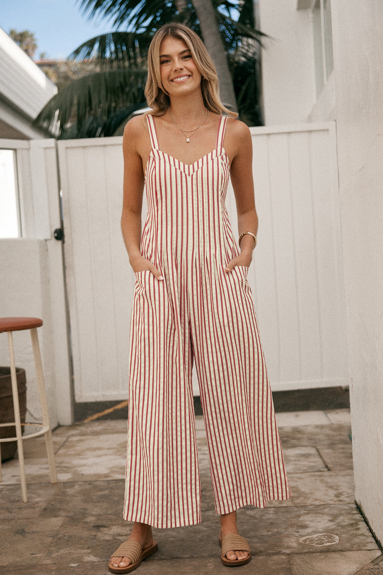 Striped Sleeveless V-Neck Wide Leg Jumpsuit