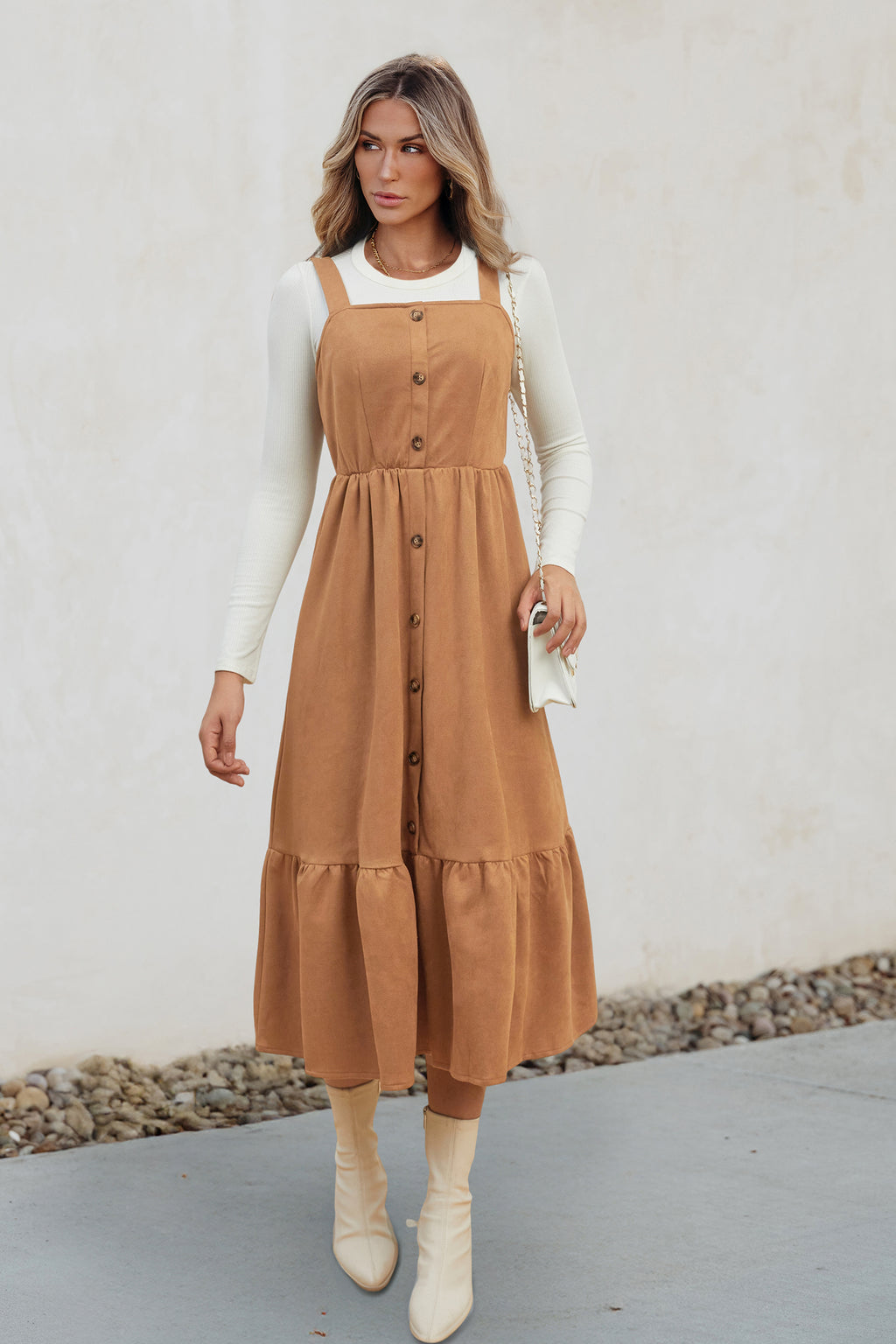 Brown Faux Suede Sleeveless Midi Dress