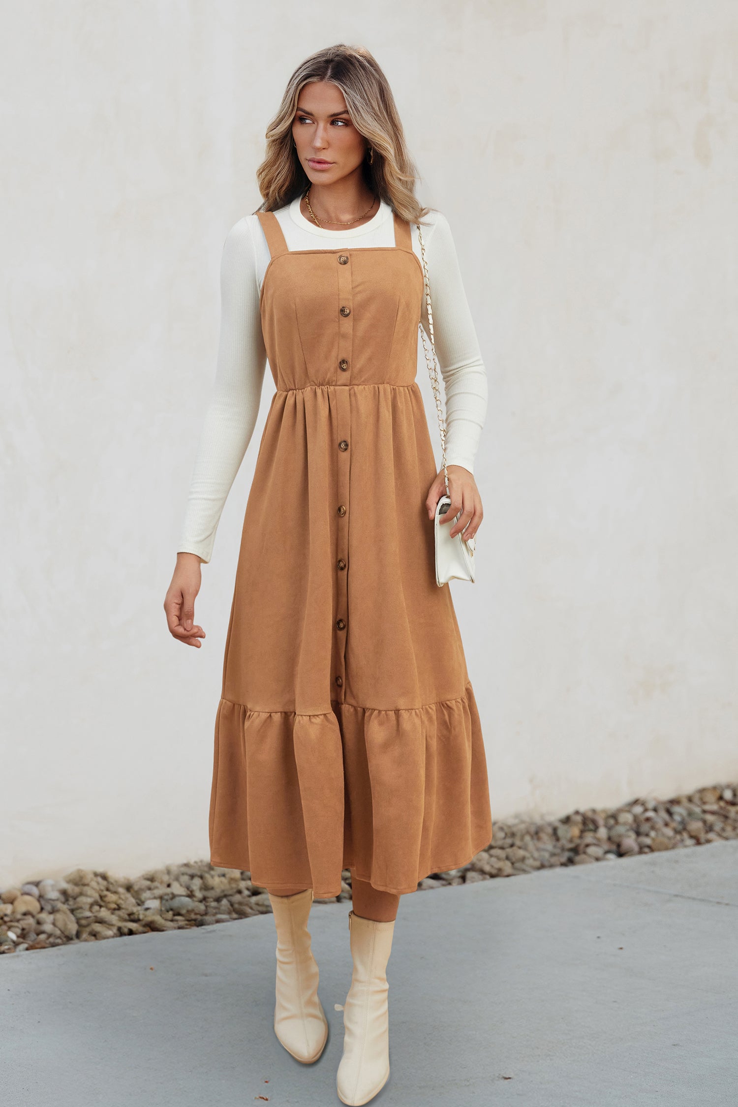 Brown Faux Suede Sleeveless Midi Dress