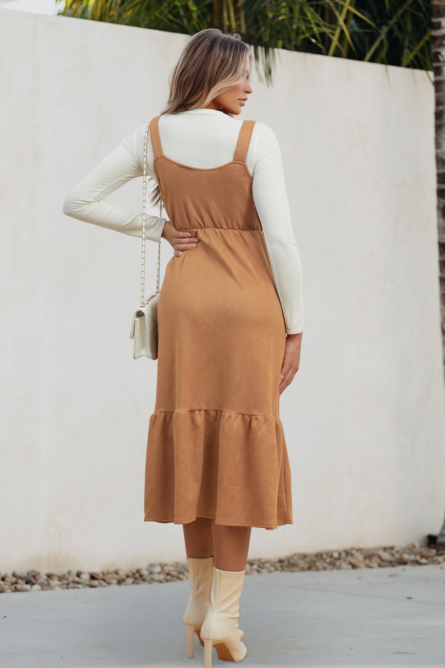 Brown Faux Suede Sleeveless Midi Dress