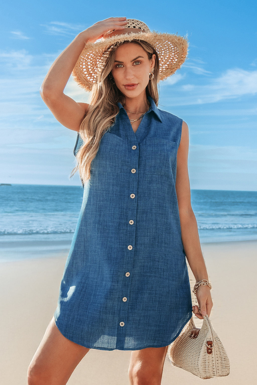 Indigo Sleeveless Collared Cover-Up Mini Dress