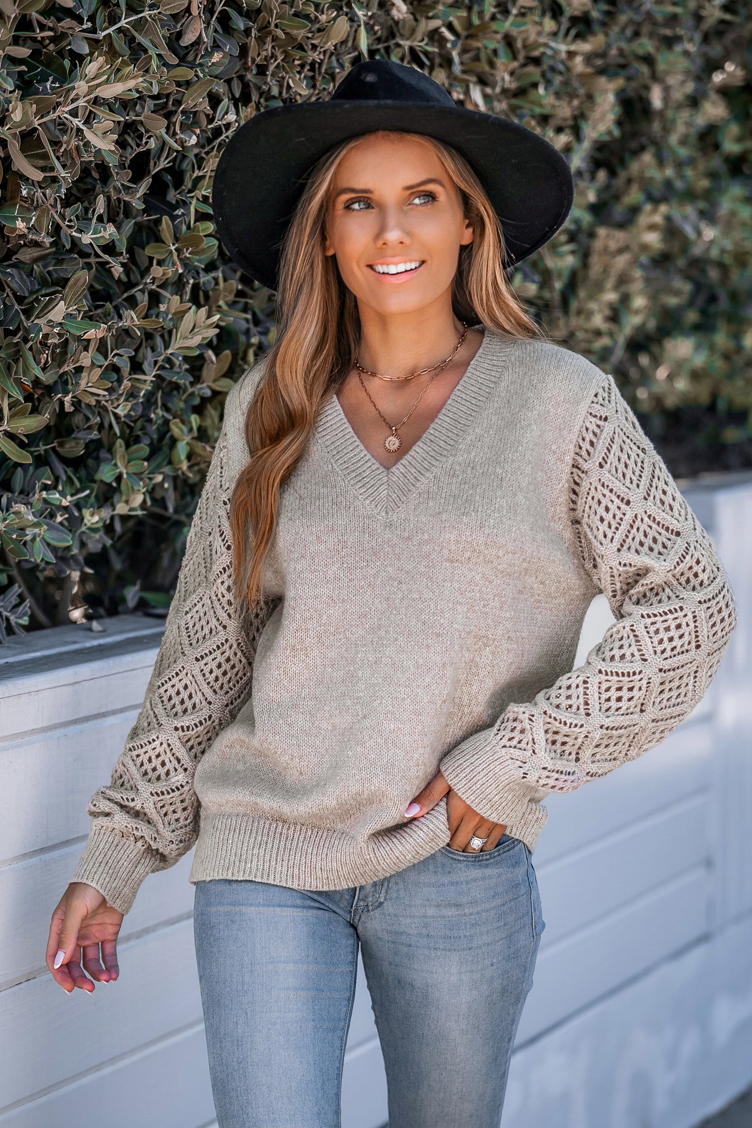 Khaki V-Neck Crochet Sleeve Sweater