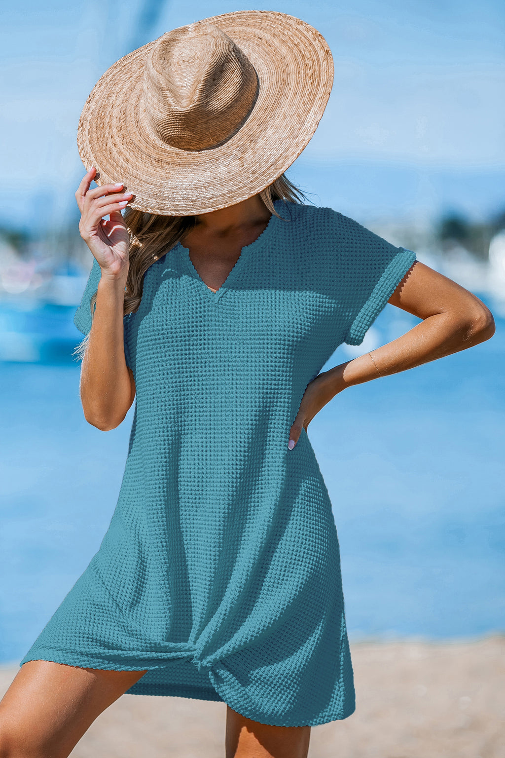 Waffle-Knit Short Sleeve Cover-Up Mini Dress