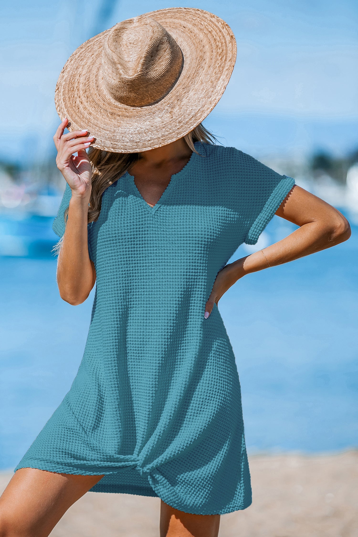 Waffle-Knit Short Sleeve Cover-Up Mini Dress
