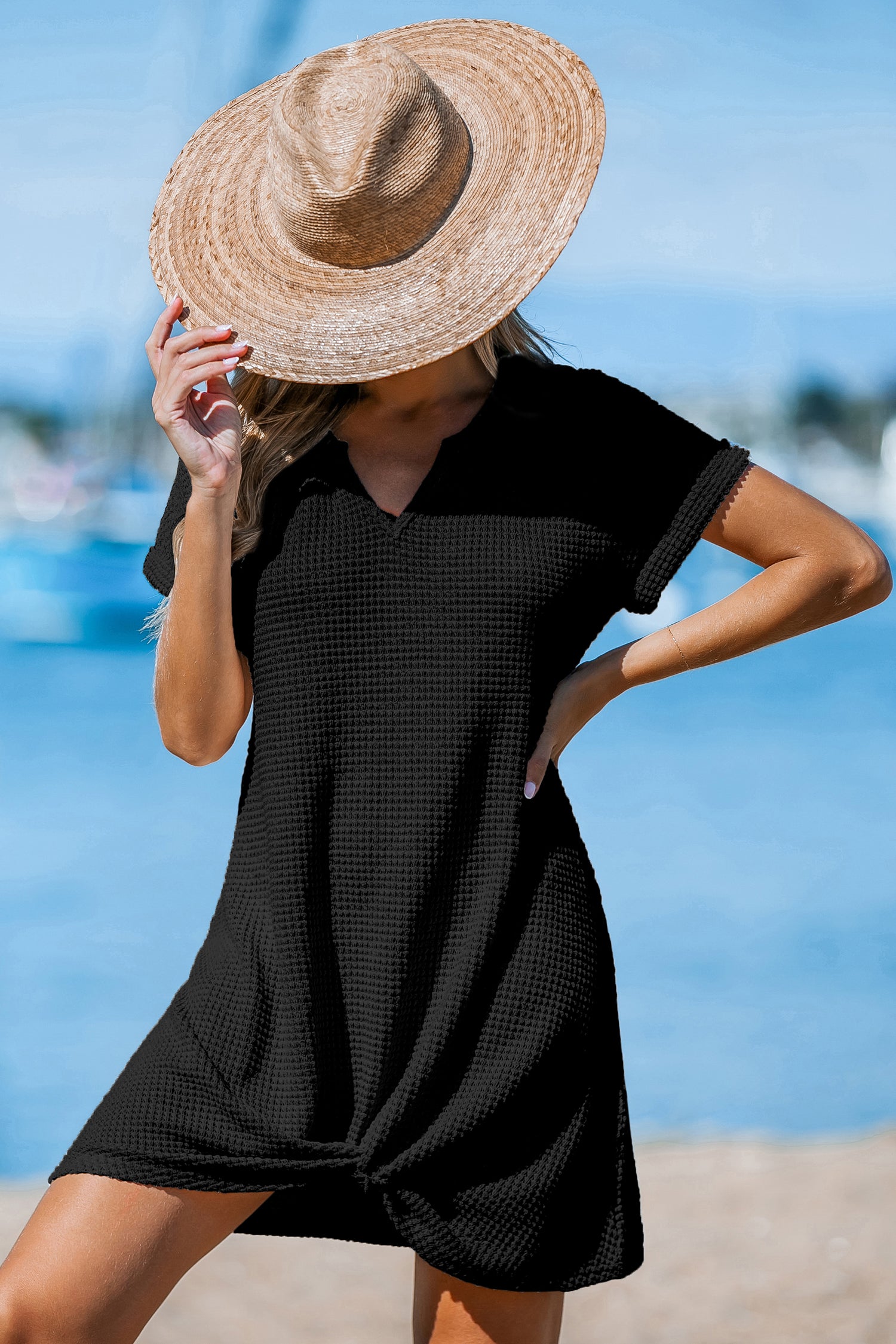 Black Notched Neck Knotted Cover-Up Mini Dress