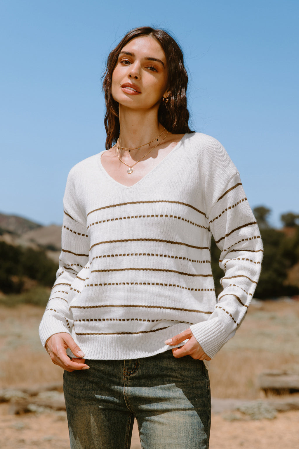 Neutral Striped Long Sleeve V-Neck Knit Top