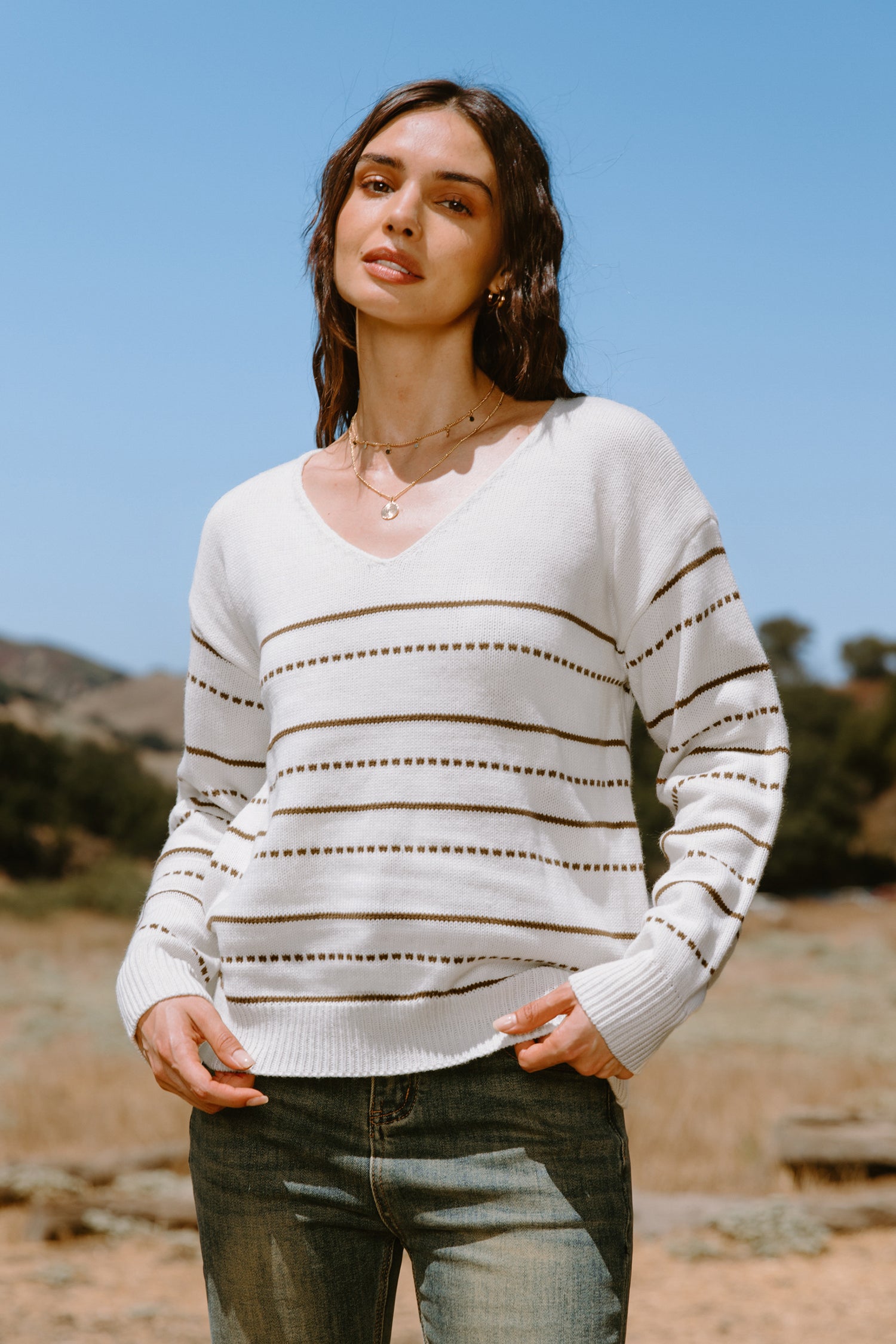 Neutral Striped Long Sleeve V-Neck Knit Top
