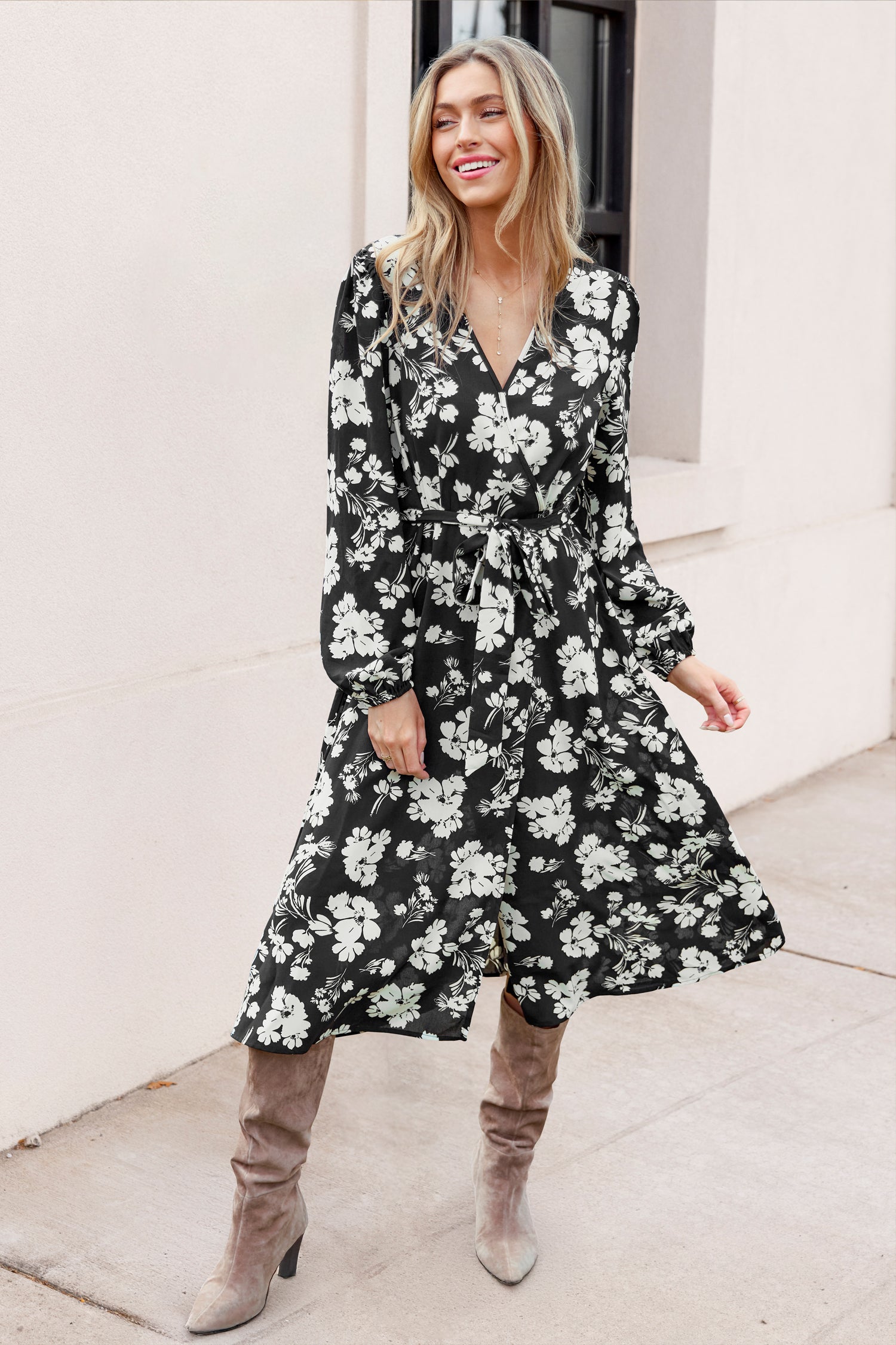Black & White Floral Puff Sleeve Midi Dress