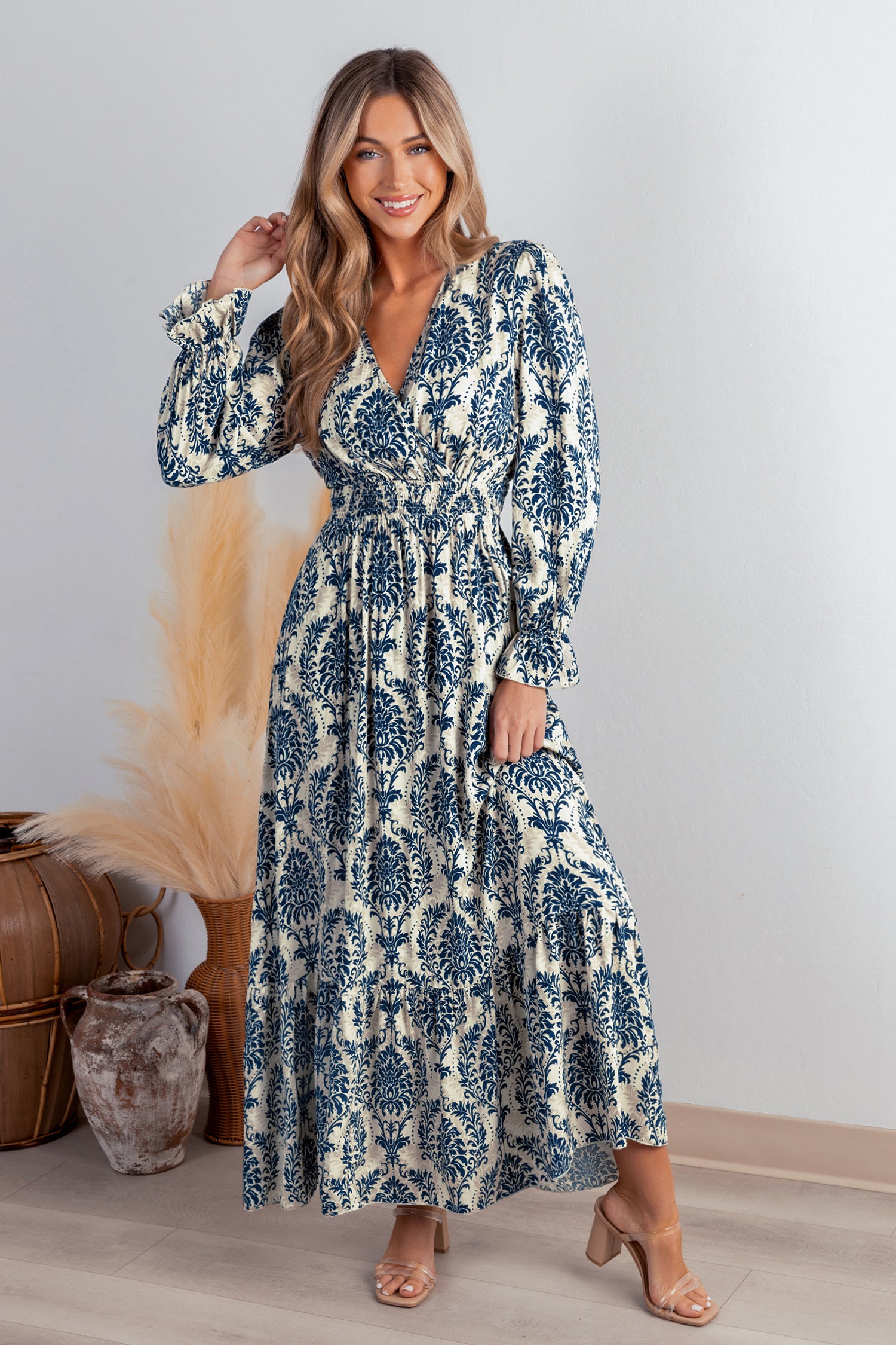 Blue Damask Blouson Sleeve Ruffle Cuff Maxi Dress