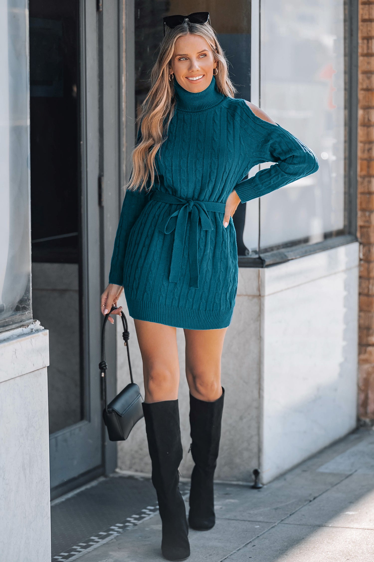 Blue Cable Knit Cutout Shoulder Sweater Dress