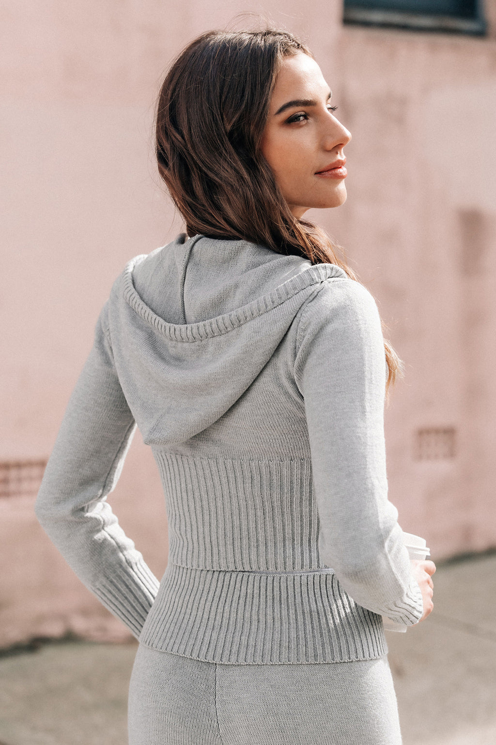 Grey Cropped Front Zip Knit Hoodie