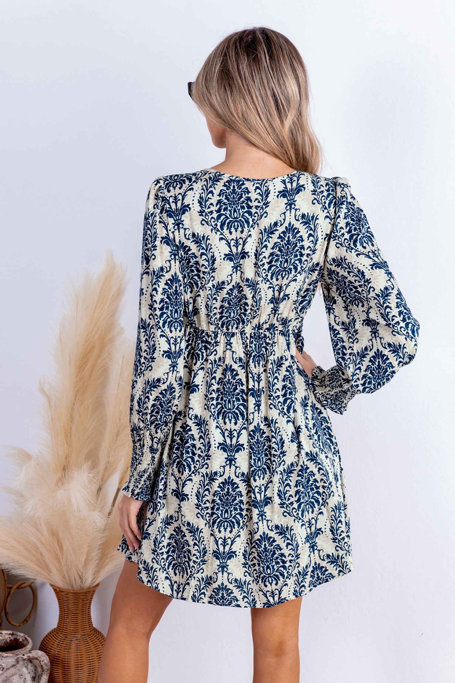 Ornate Plunging Puff Sleeve Mini Dress