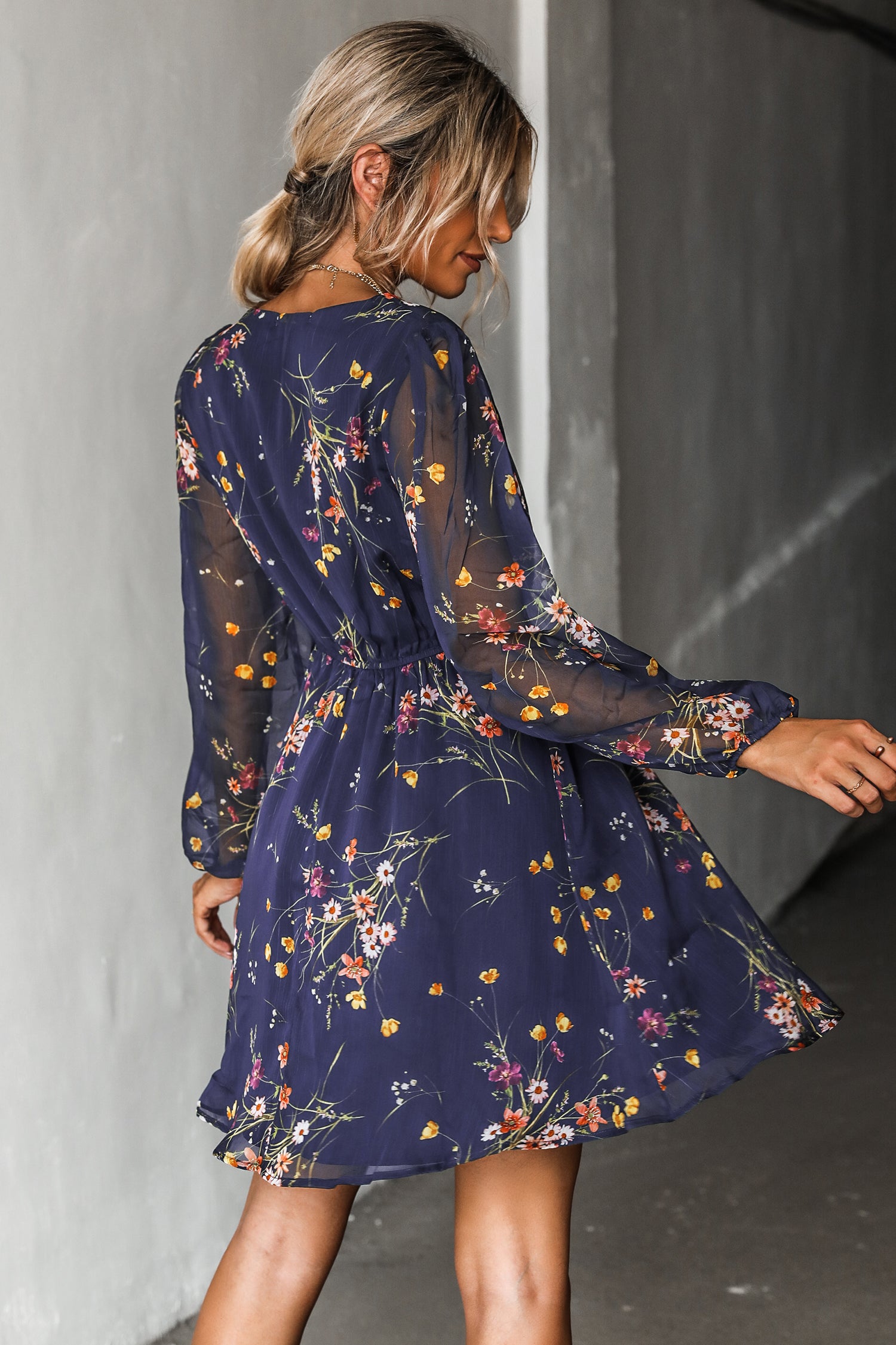 Realm Of Sky Floral Print Chiffon A-Line Mini Dress