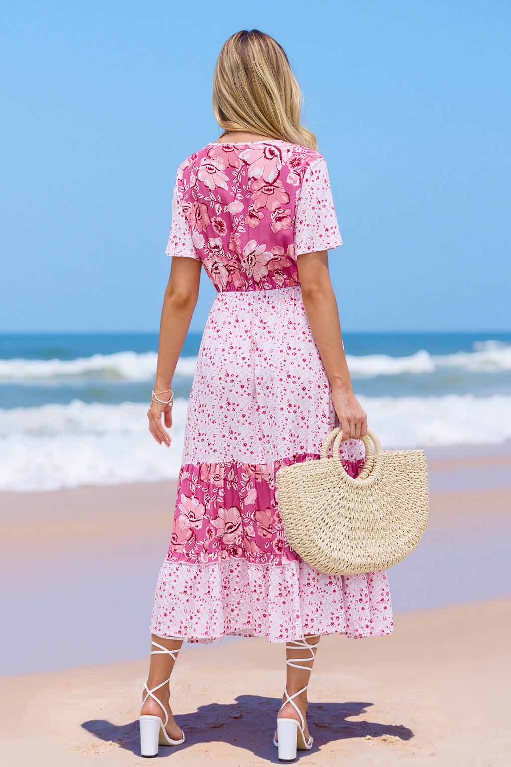 Pink Floral Surplice Midi Dress
