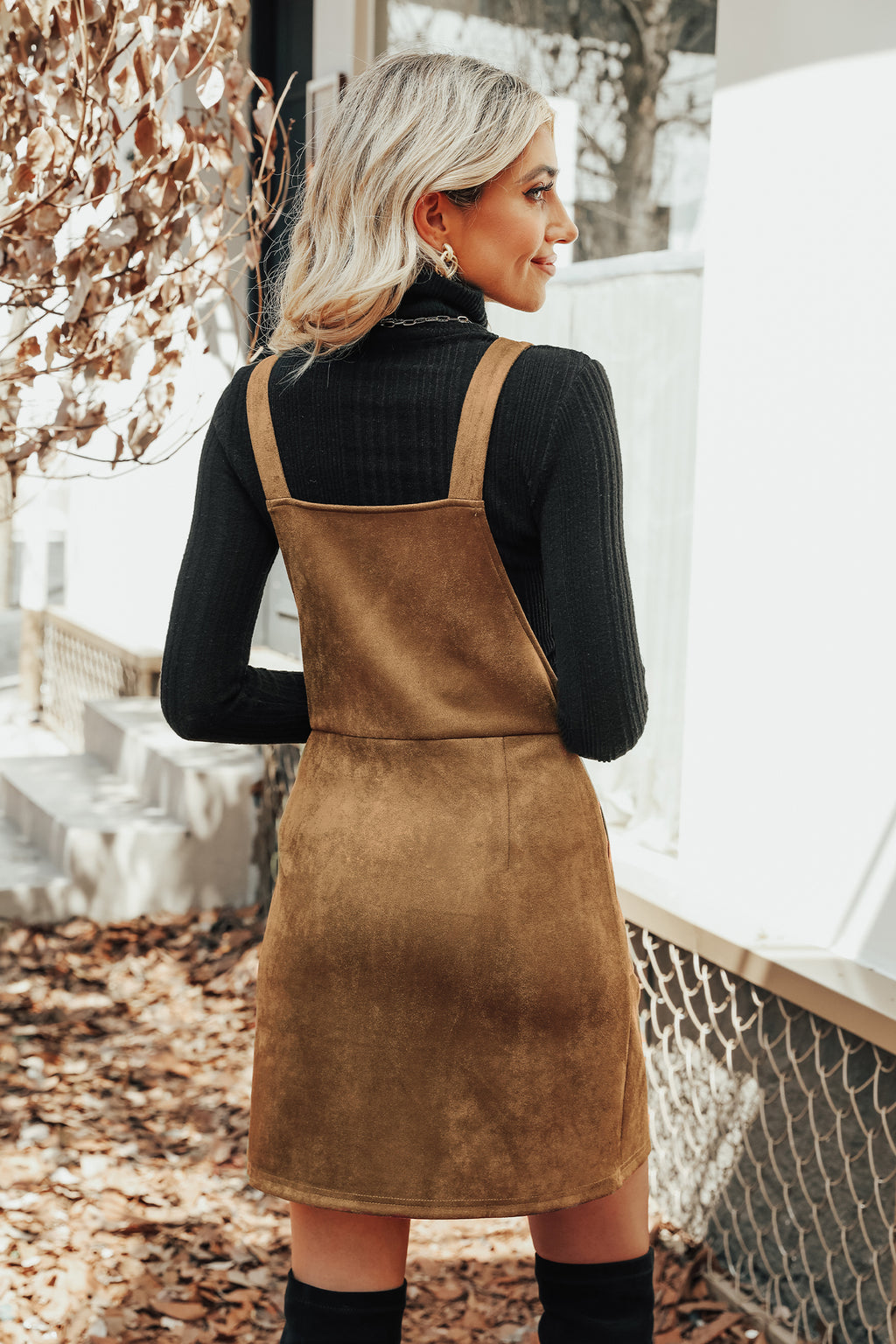 Orange Faux Suede Pull-Ring Pinafore Dress