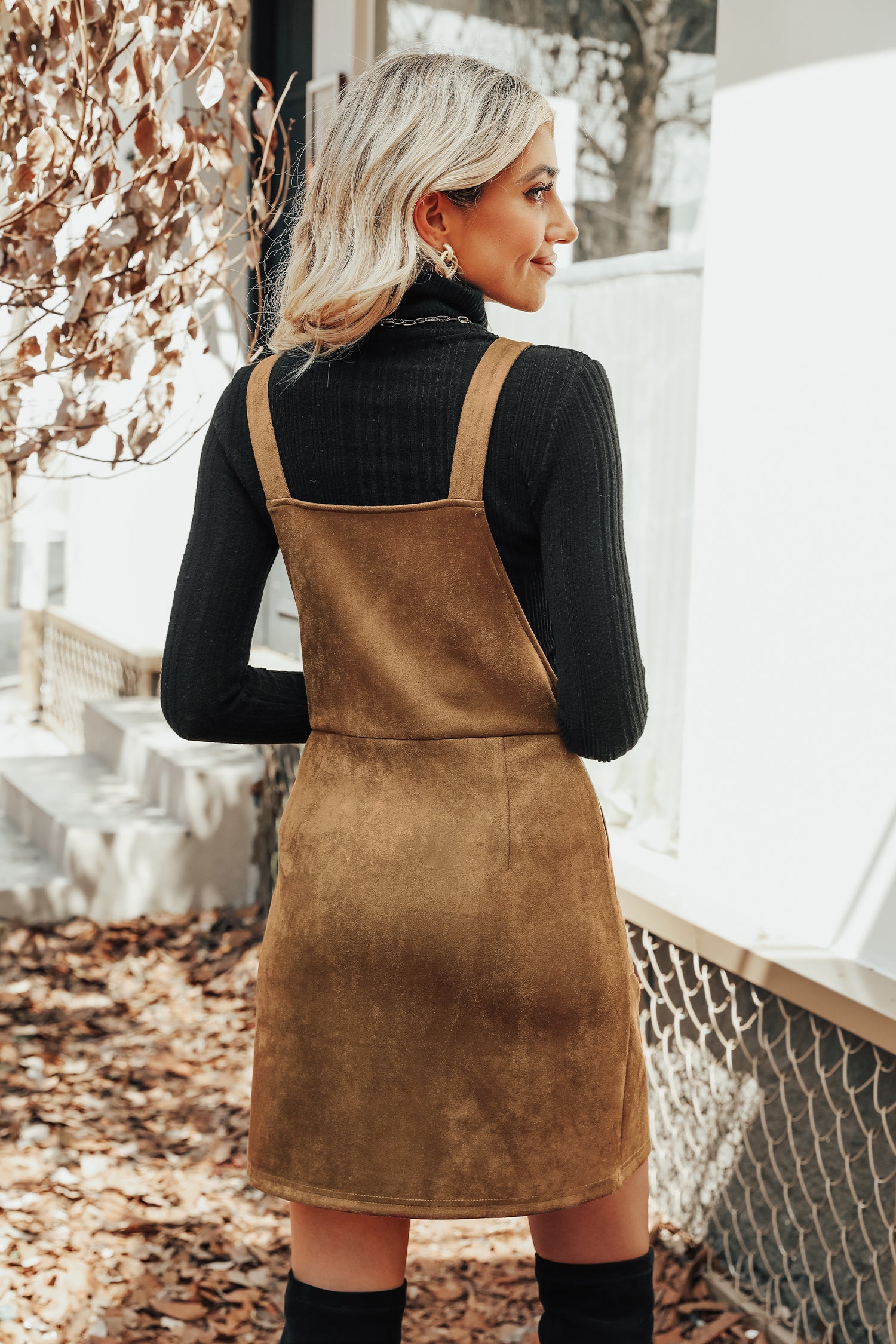 Orange Faux Suede Pull-Ring Pinafore Dress
