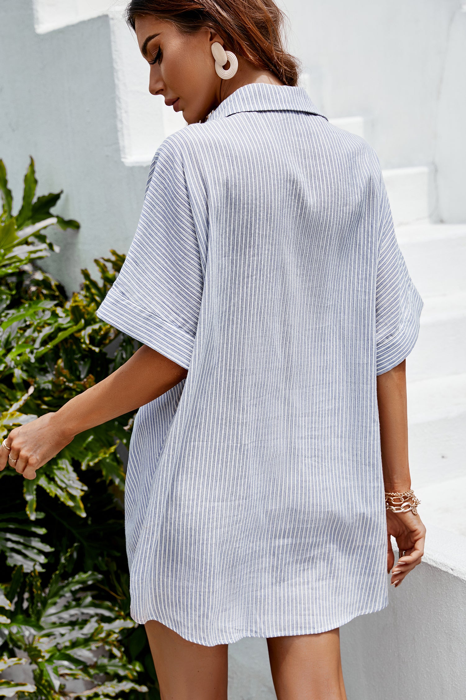Analia Dolman Sleeve Stripe Shirt Collar Oversize Dress