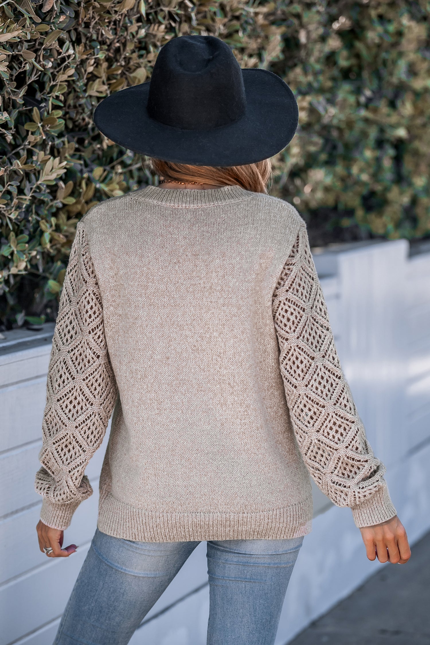 Khaki V-Neck Crochet Sleeve Sweater