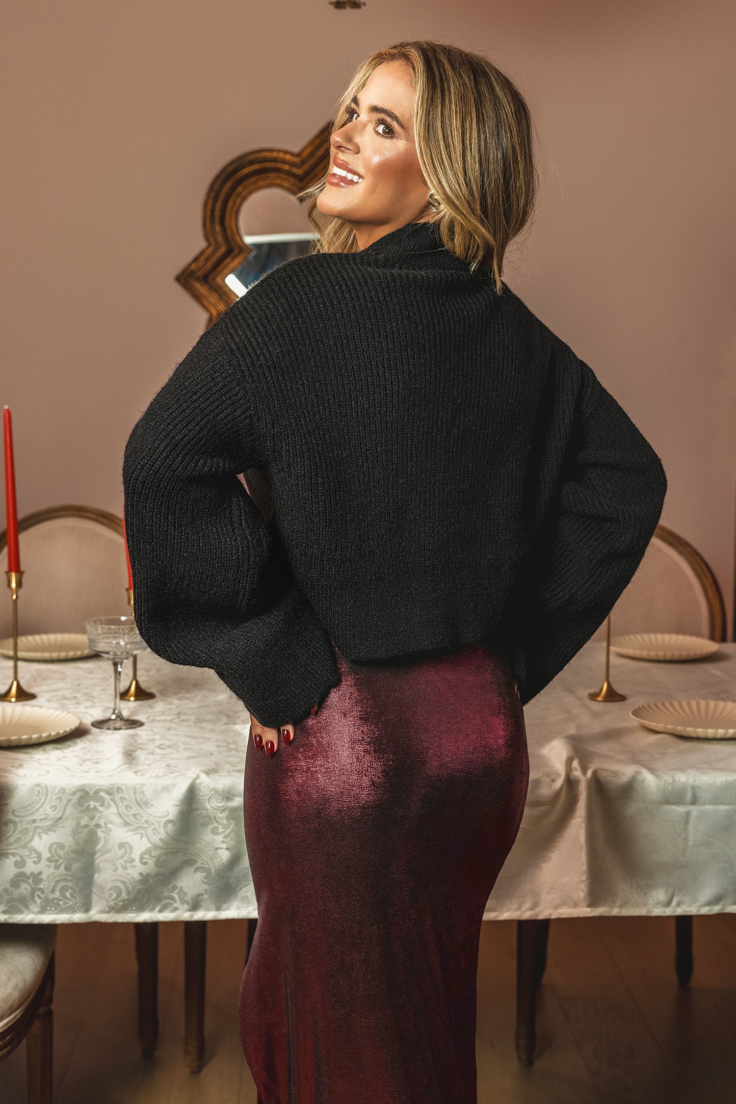 x JoJo Dark Night High Neck Extra Long Flared Sleeve Sweater