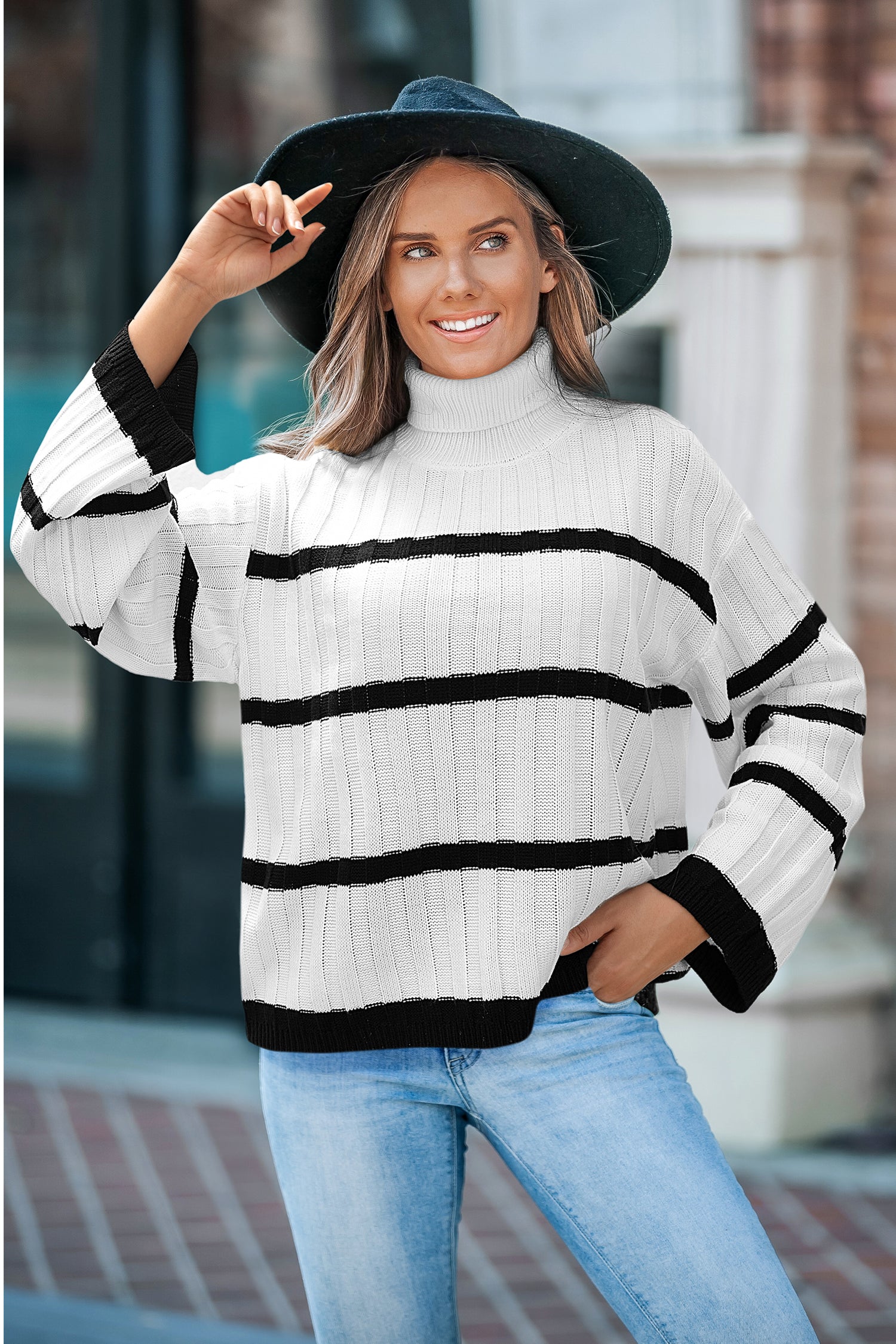 Black & White Stripe Long Sleeve Turtleneck