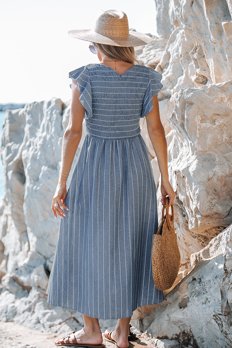 Striped Smocked Ruffle Sleeve Dress