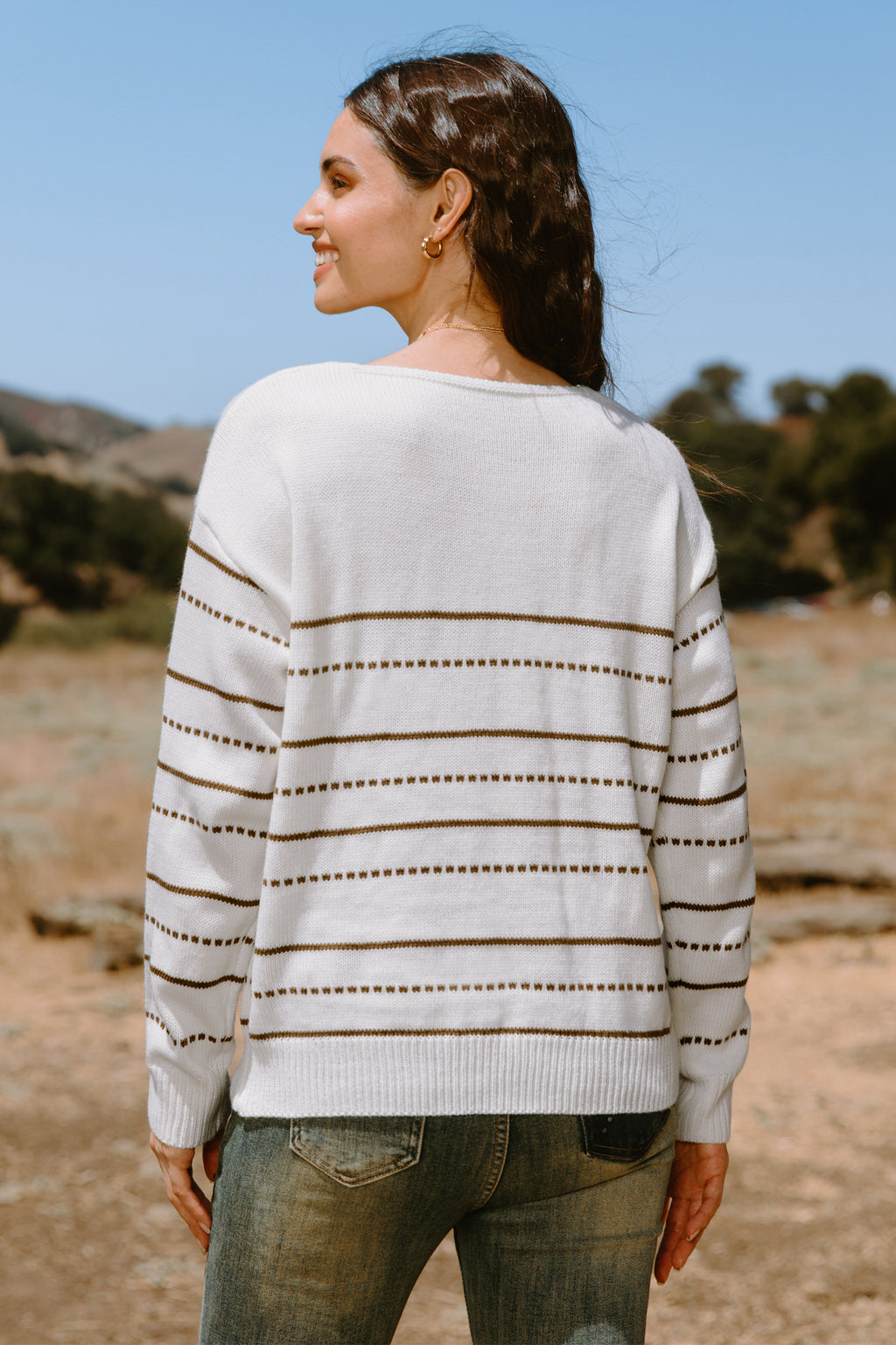 Neutral Striped Long Sleeve V-Neck Knit Top