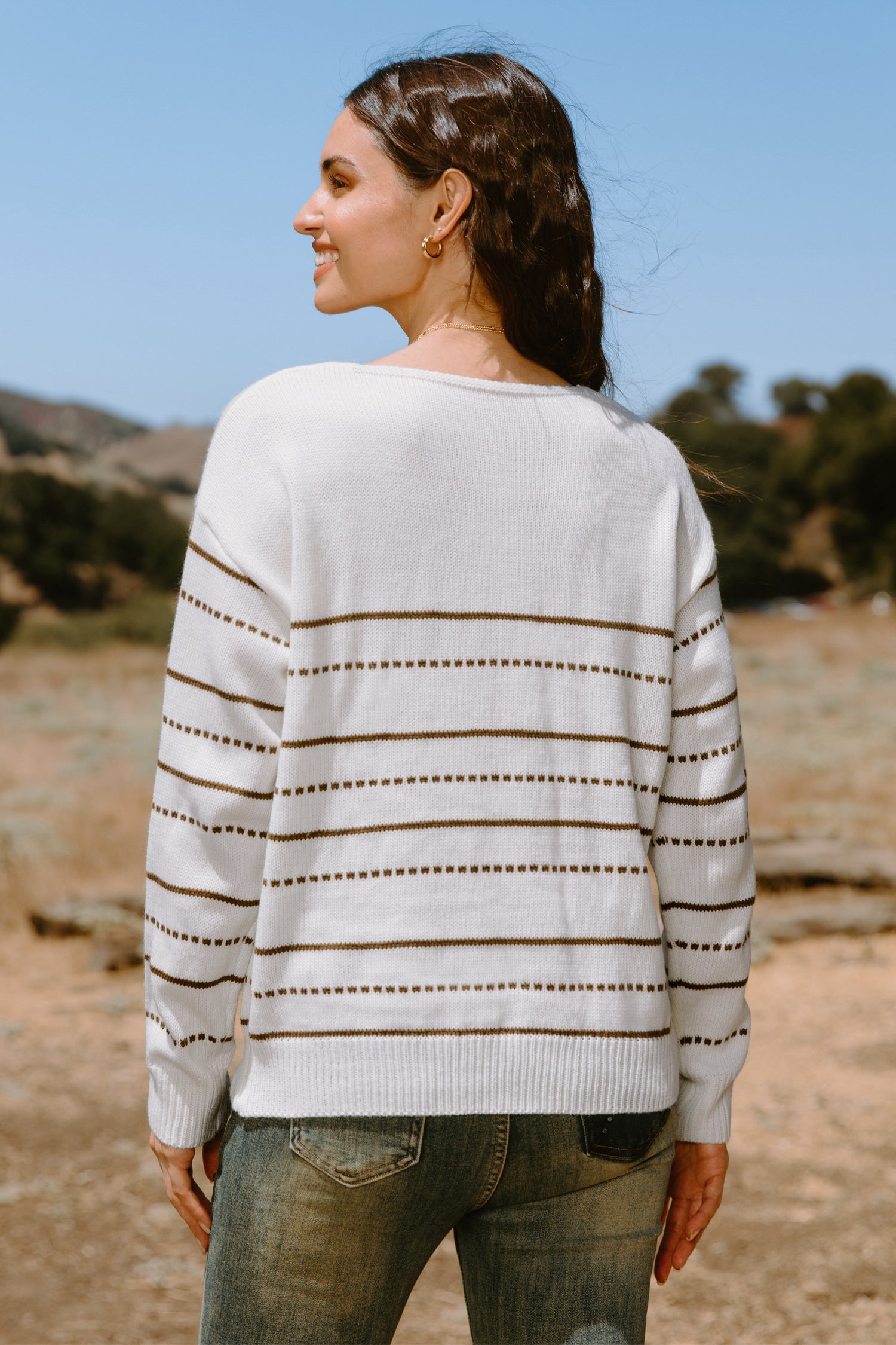 Neutral Striped Long Sleeve V-Neck Knit Top