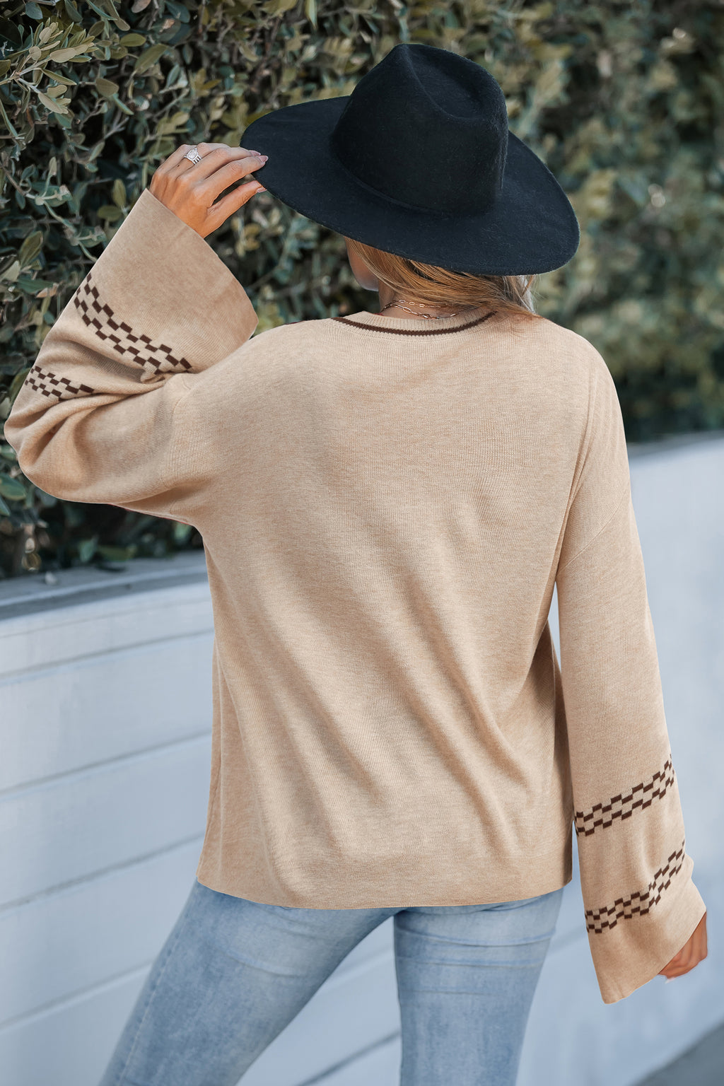 Tan Round Neck Long Sleeve Floral Graphic Sweater