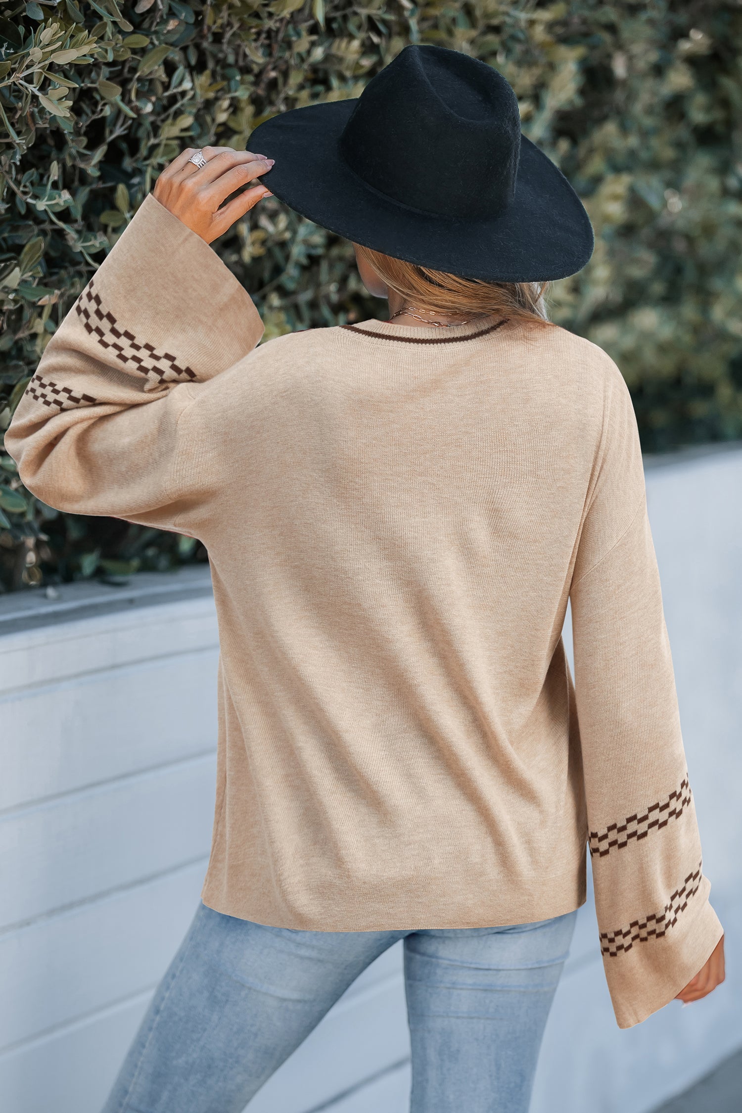 Tan Round Neck Long Sleeve Floral Graphic Sweater