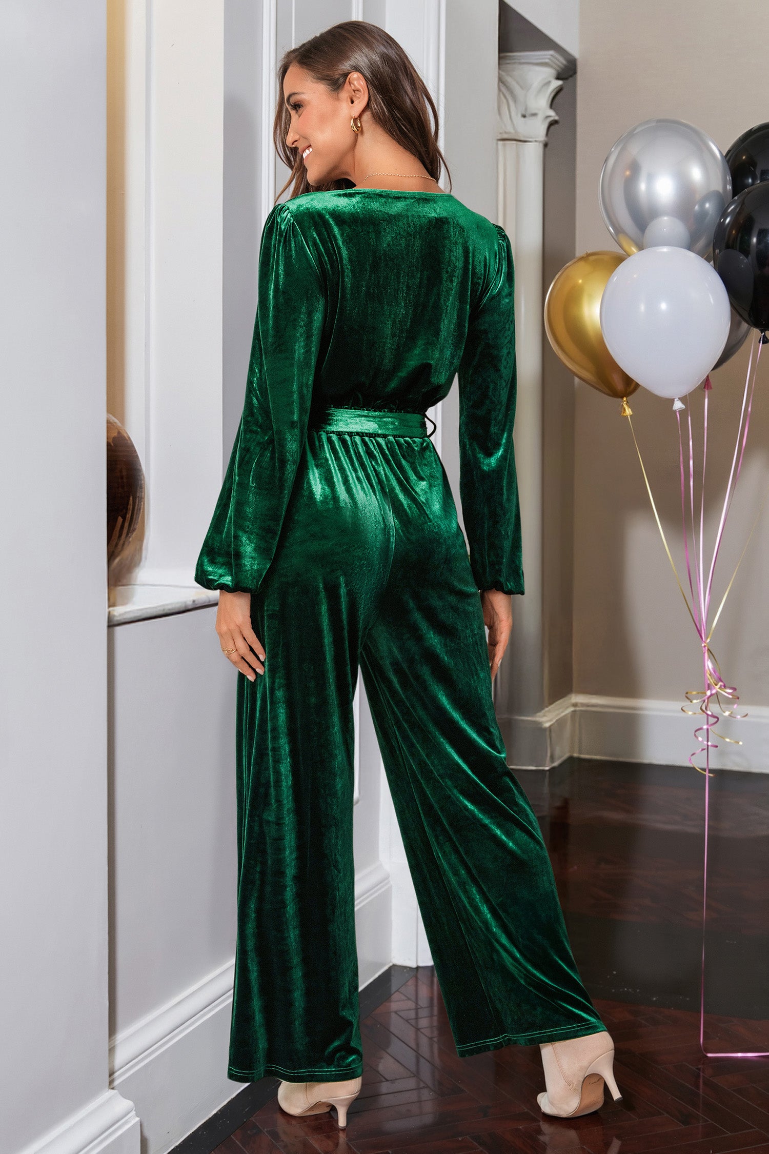 Green Velvet Long Sleeve Straight Leg Jumpsuit