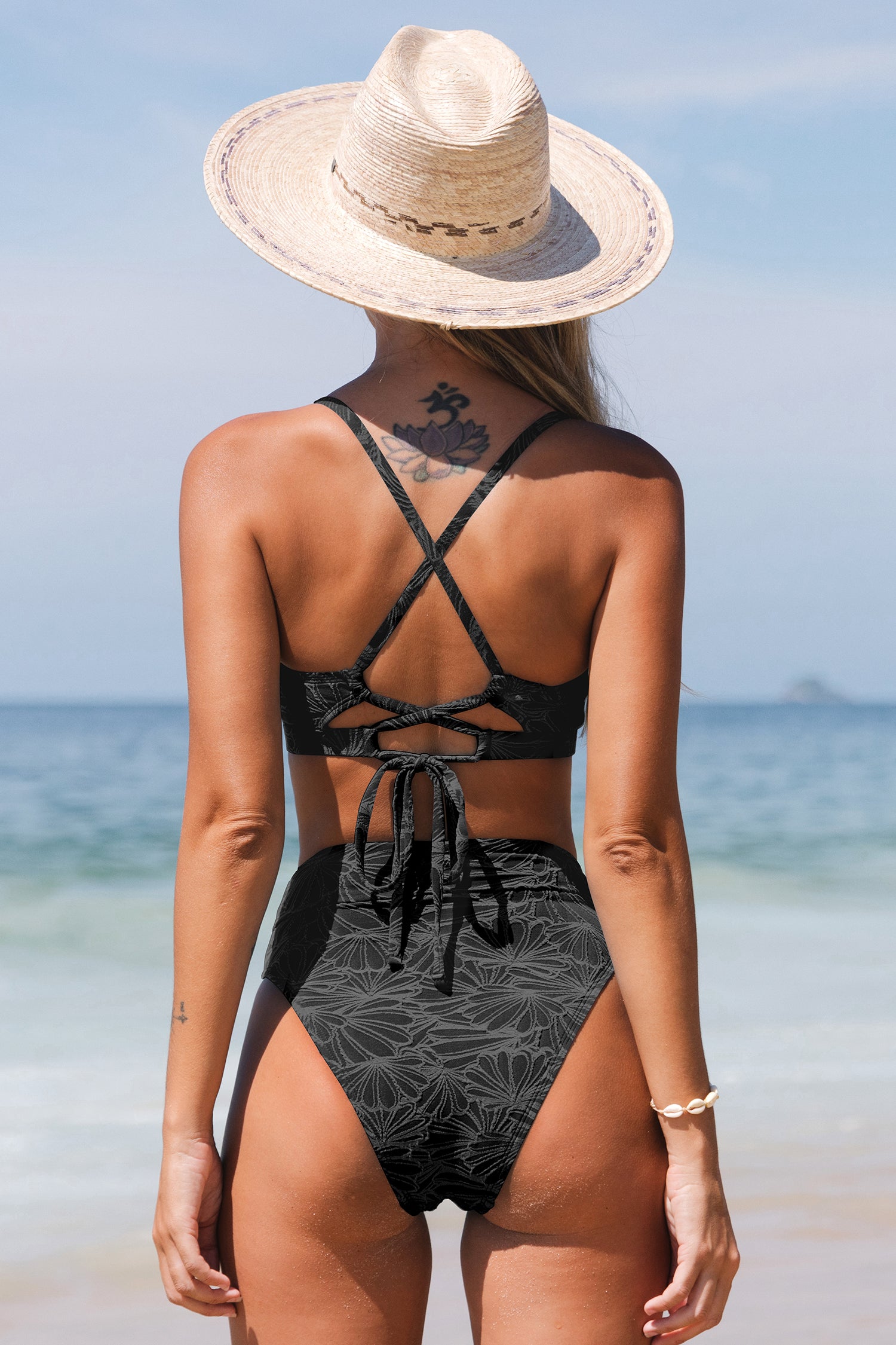 Black Floral Jacquard Scalloped Bralette & High Waist Bikini Set