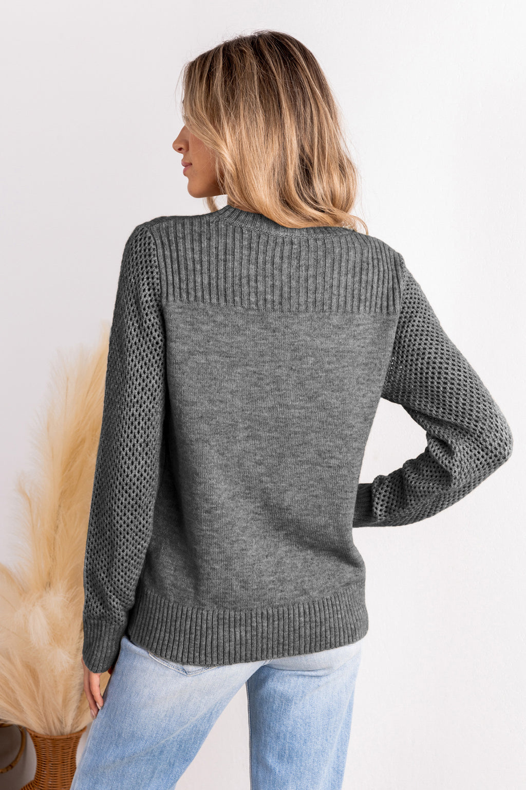 Grey Ribbed Knit Round Neck Long Sleeve Sweater