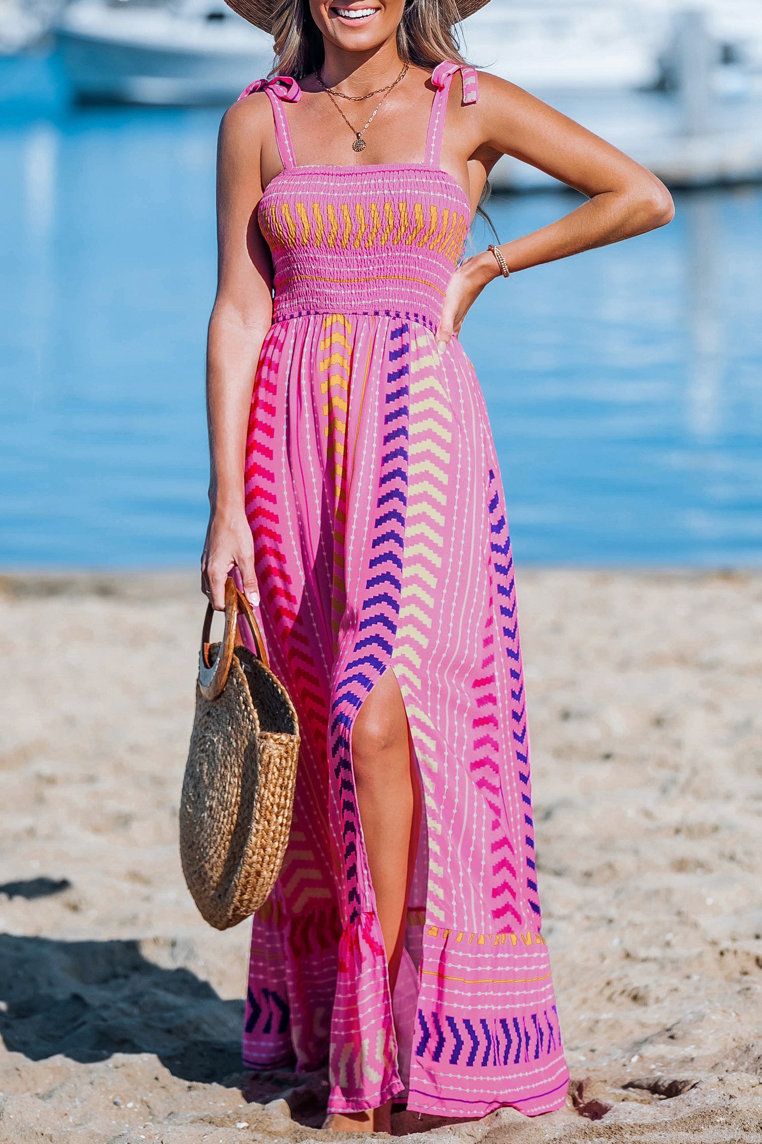 Pink Chevron Striped Self-Tie Strap Maxi Dress