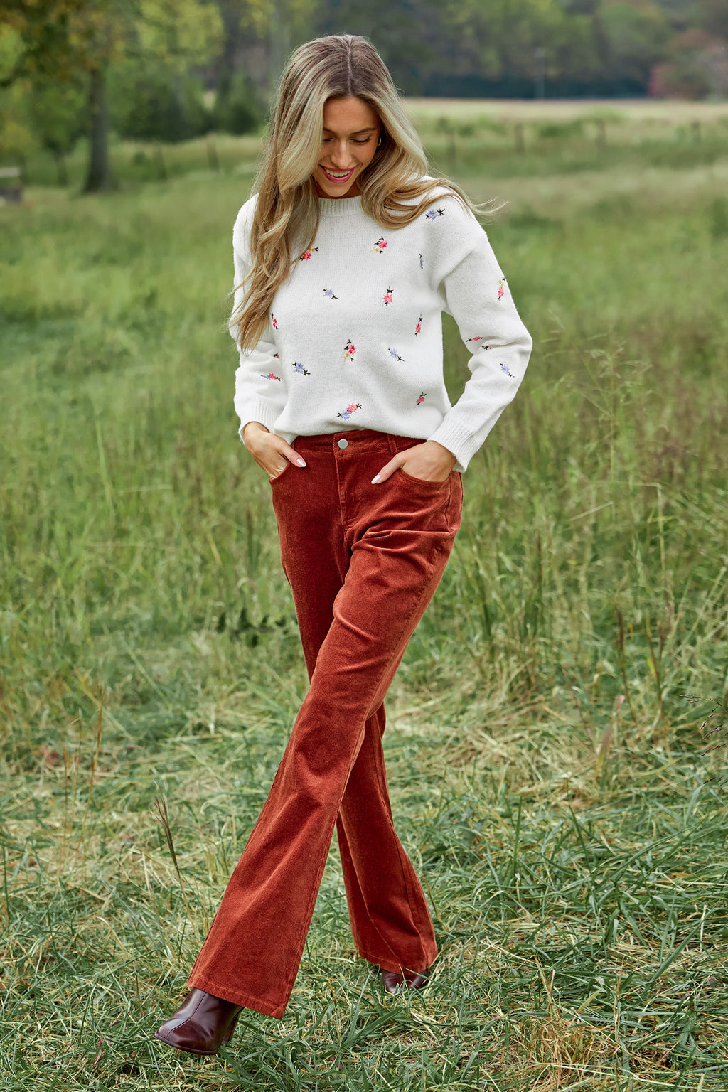 White Floral Embroidered Long Sleeve Sweater Top