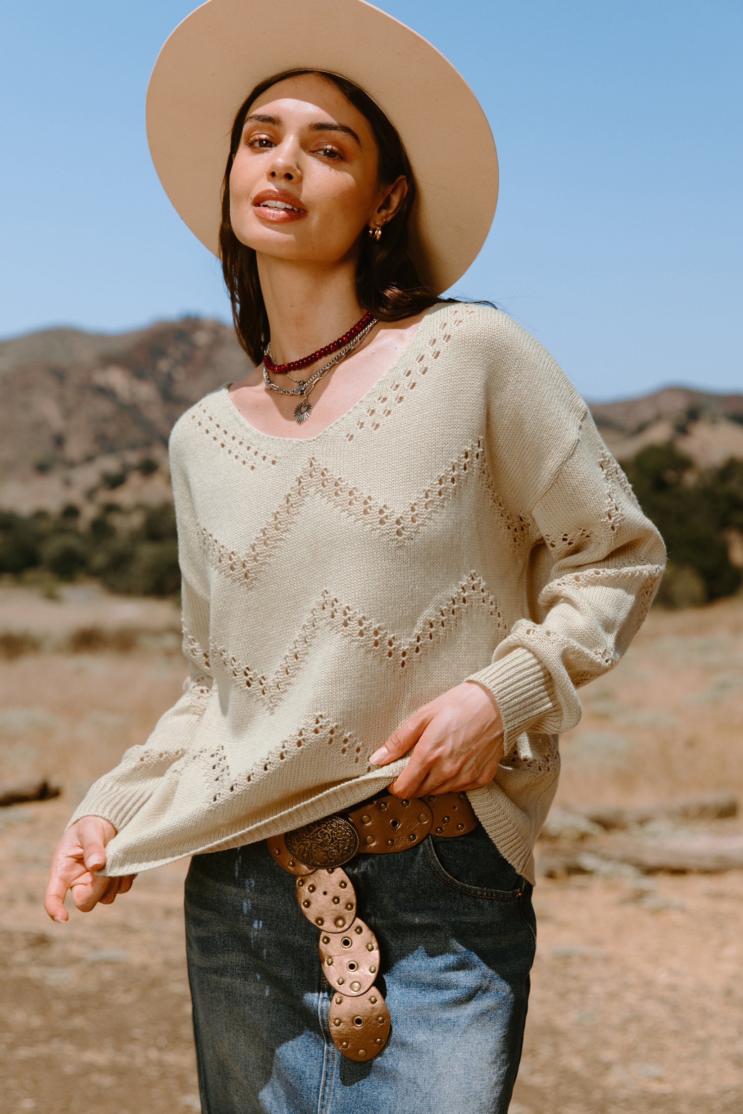 Beige V-Neck Long Sleeve Perforated Knit Top