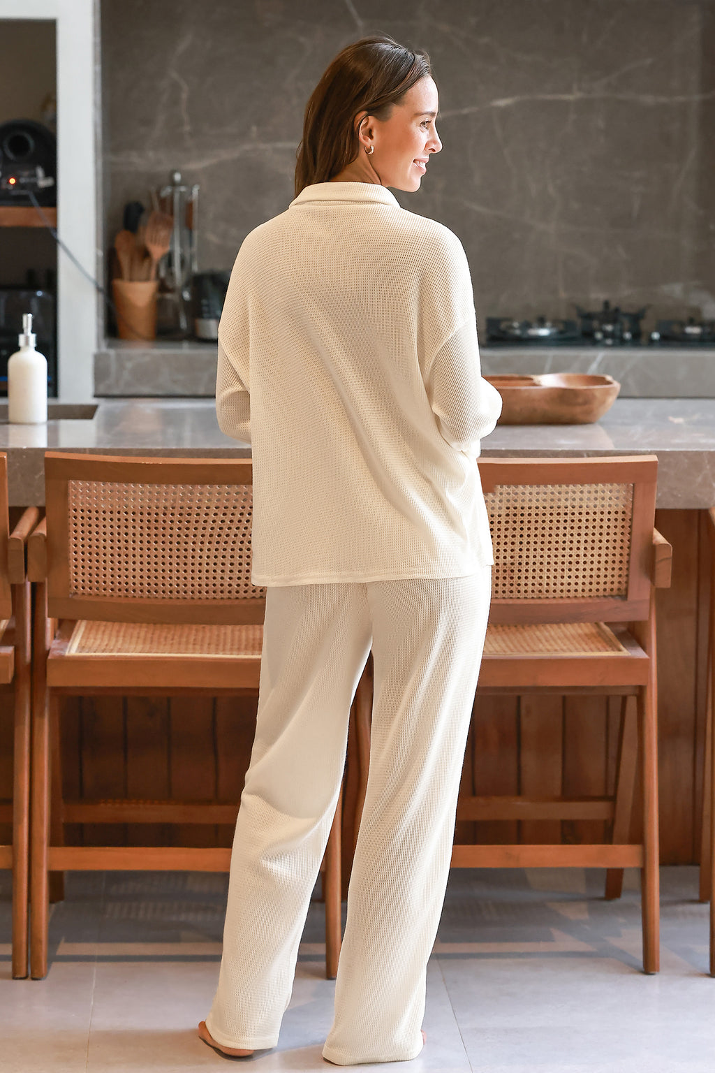 Waffle Knit Collared Long Sleeve Top & Pajama Bottoms Set