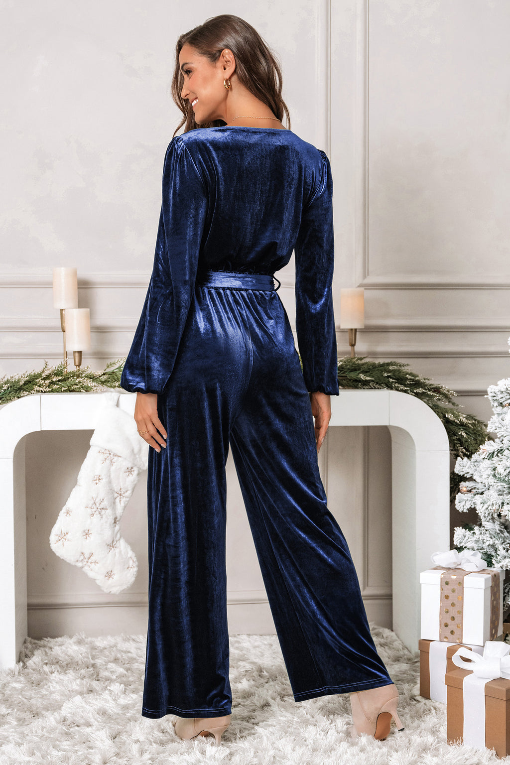 Blue Velvet Long Sleeve Straight Leg Jumpsuit