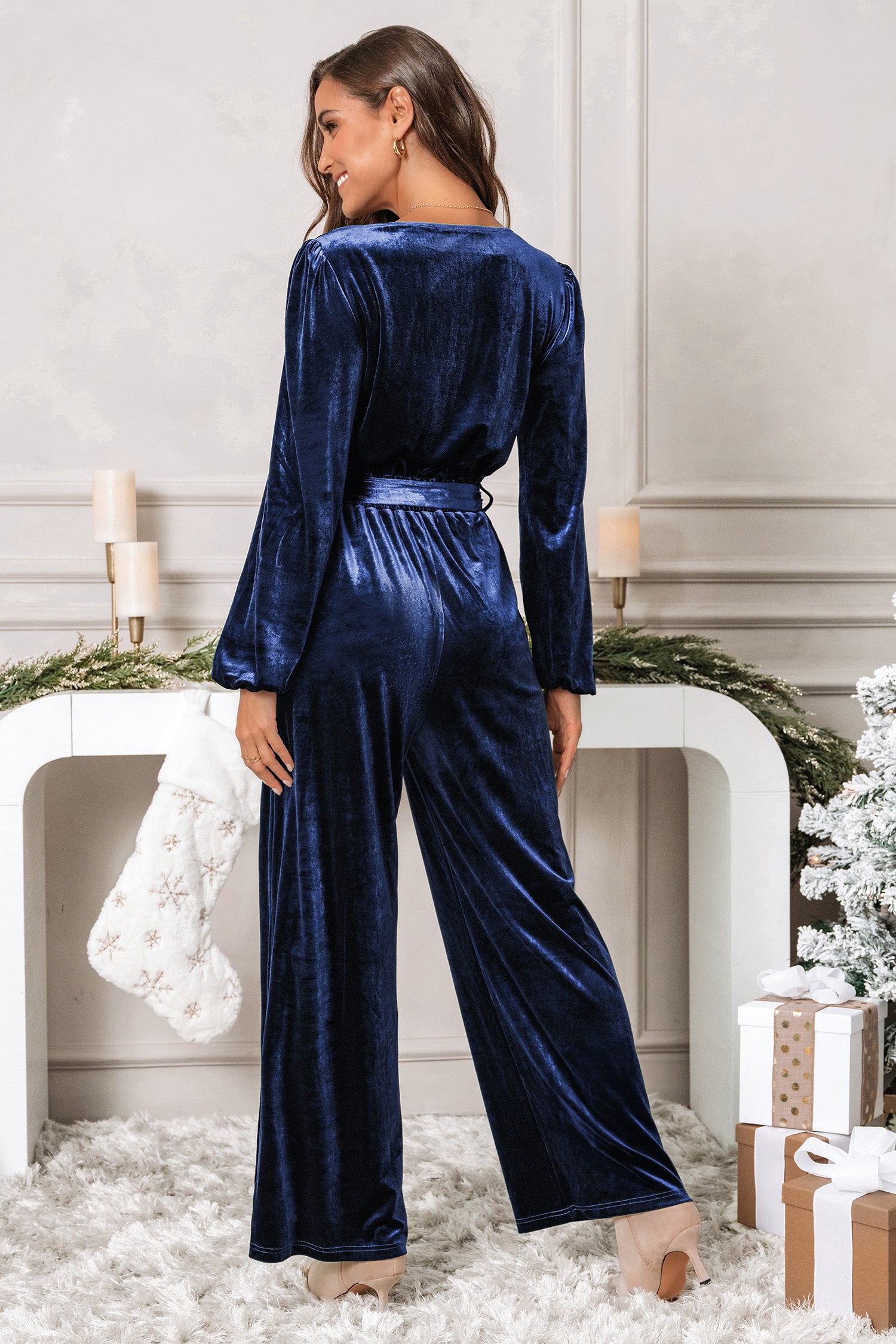 Blue Velvet Long Sleeve Straight Leg Jumpsuit