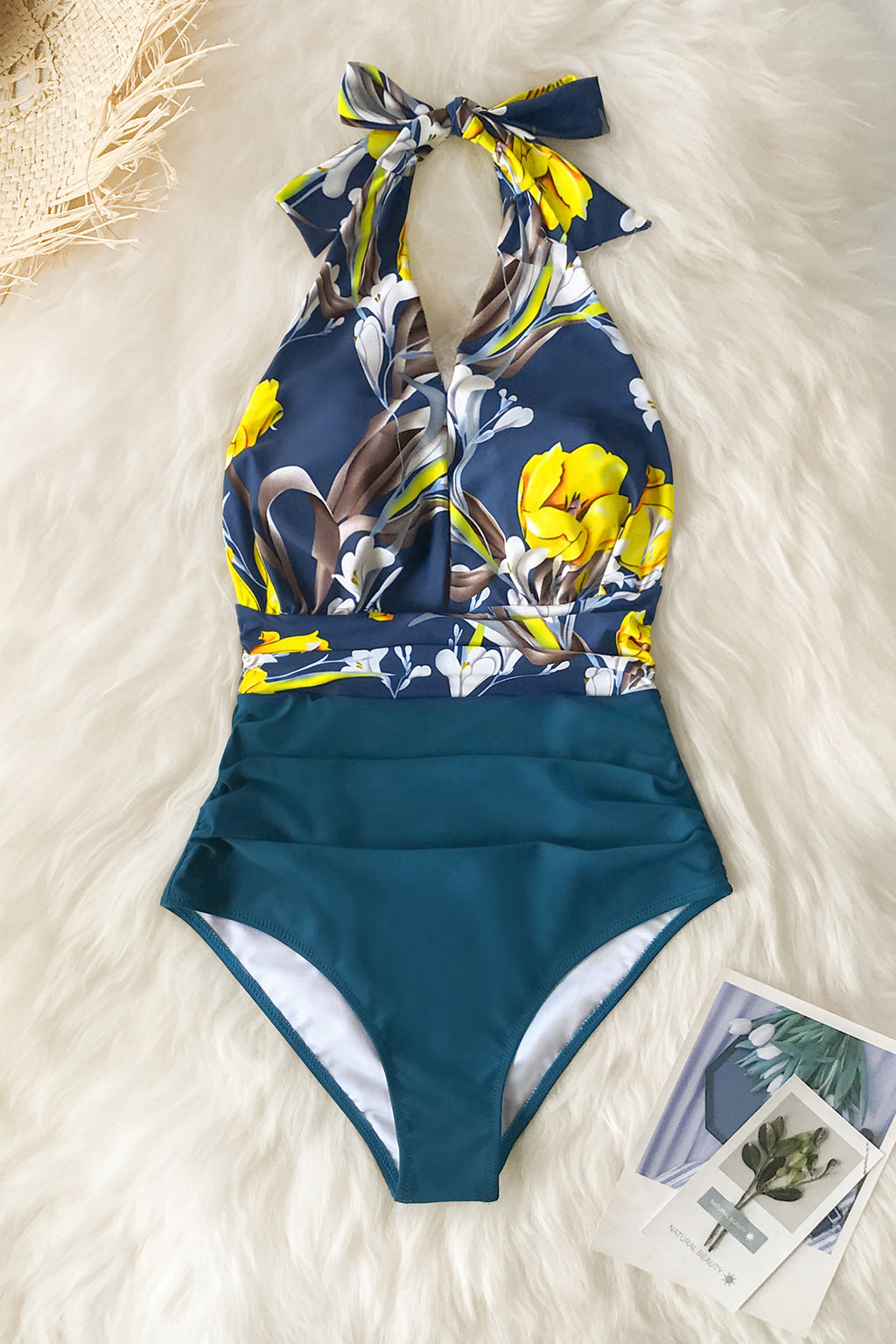Ruched Halter Tummy Control Blue One Piece Swimsuit