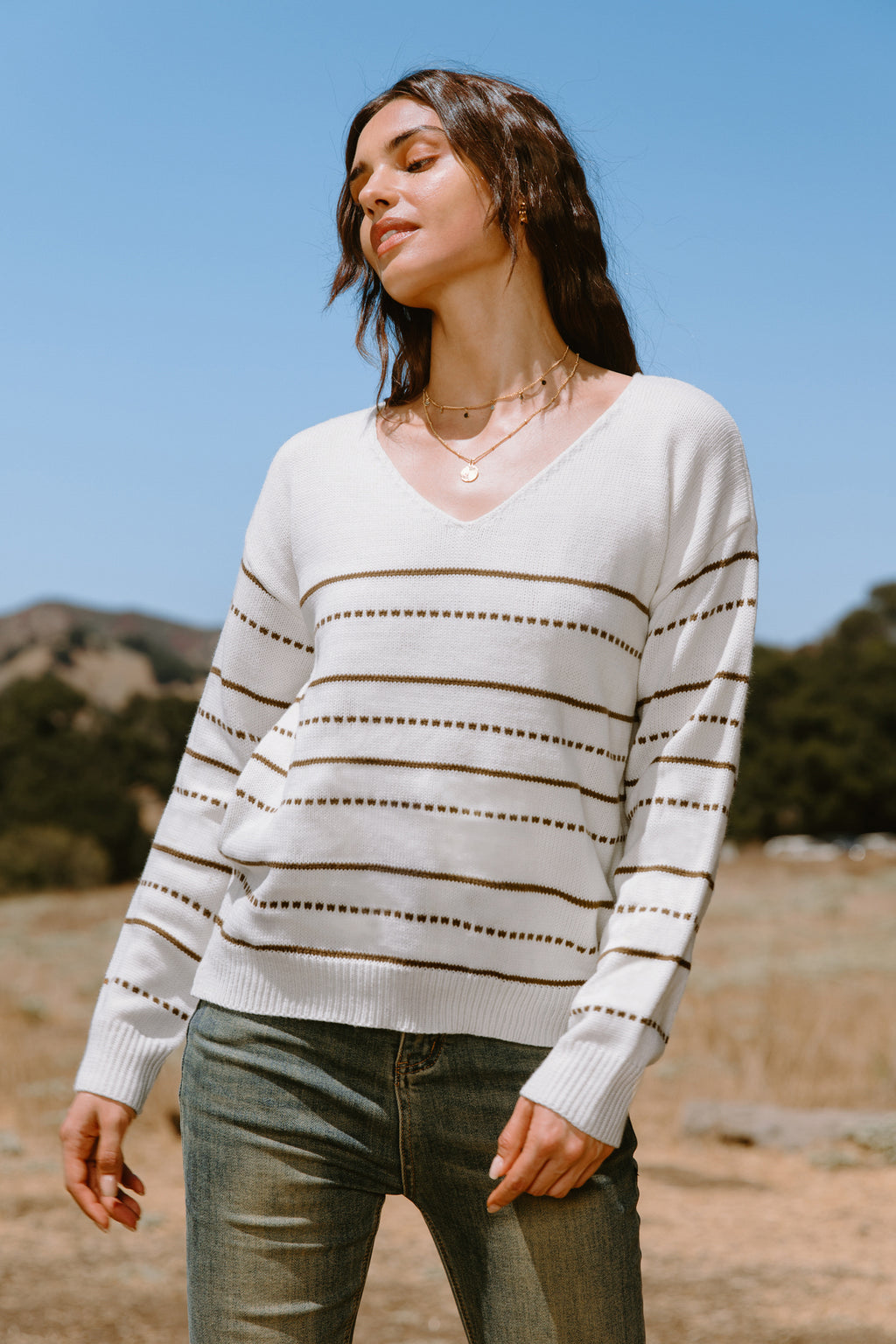 Neutral Striped Long Sleeve V-Neck Knit Top
